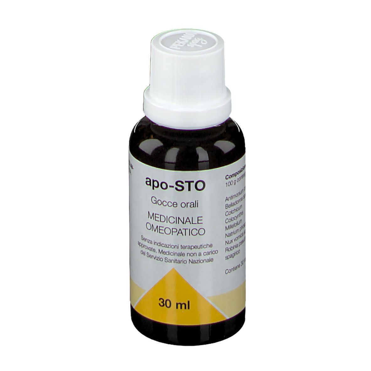 Flacone di vetro marrone con tappo bianco. L'etichetta indica "apo-STO Gocce orali MEDICINALE OMEOPATICO" e ingredienti.