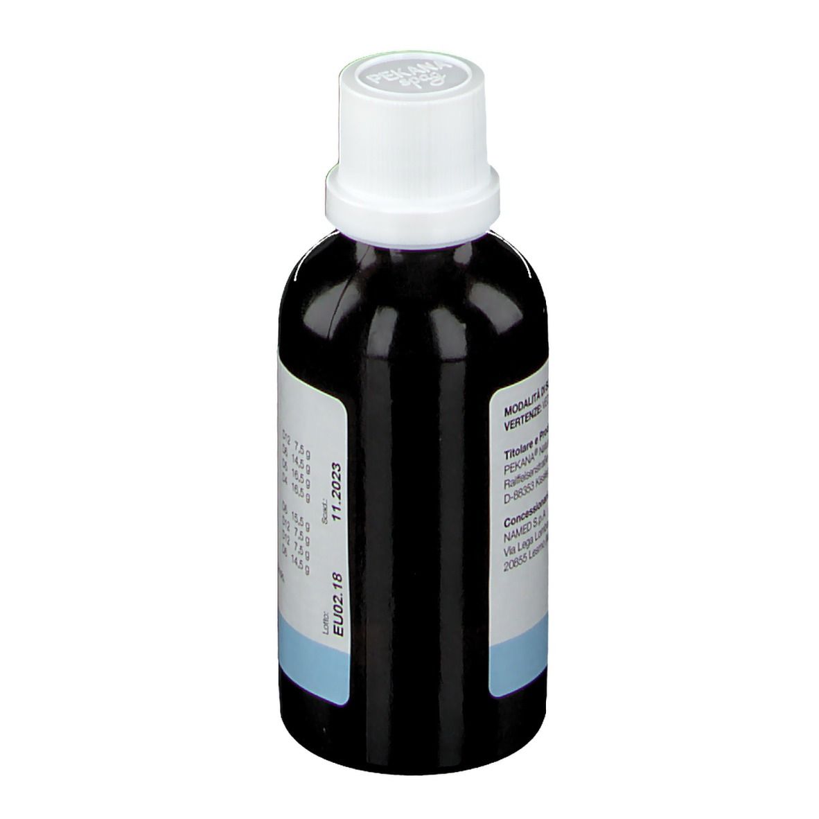 Flacone di vetro marrone con tappo bianco. Retro con informazioni. 50 ml.