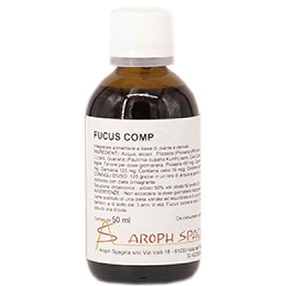 Flacone di vetro marrone con tappo bianco. Scritta: Fucus Comp. Contiene 50 ml. Produttore: Aroph Spa.