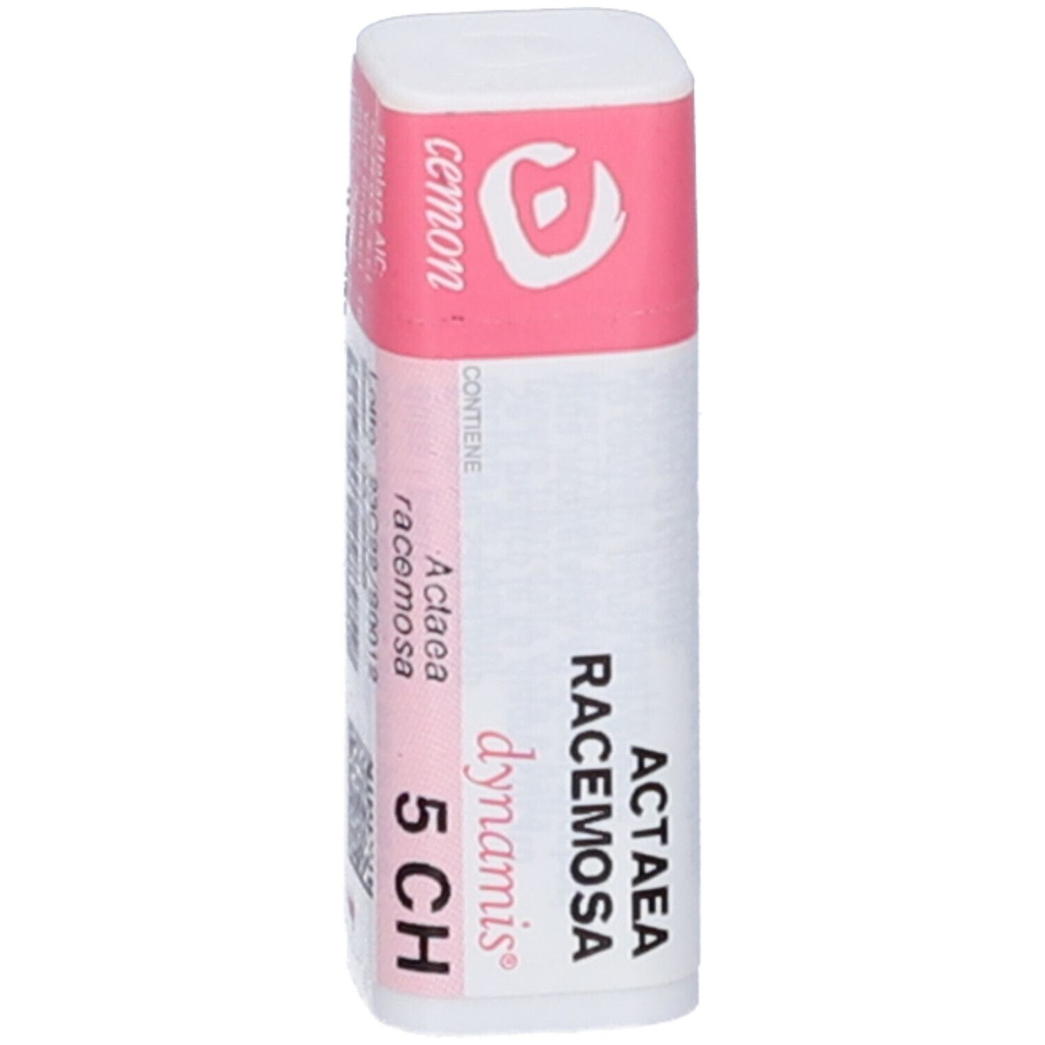 Confezione cilindrica con etichetta rosa e bianca. Scritta: Actaea Racemosa 5 CH, Cemon.