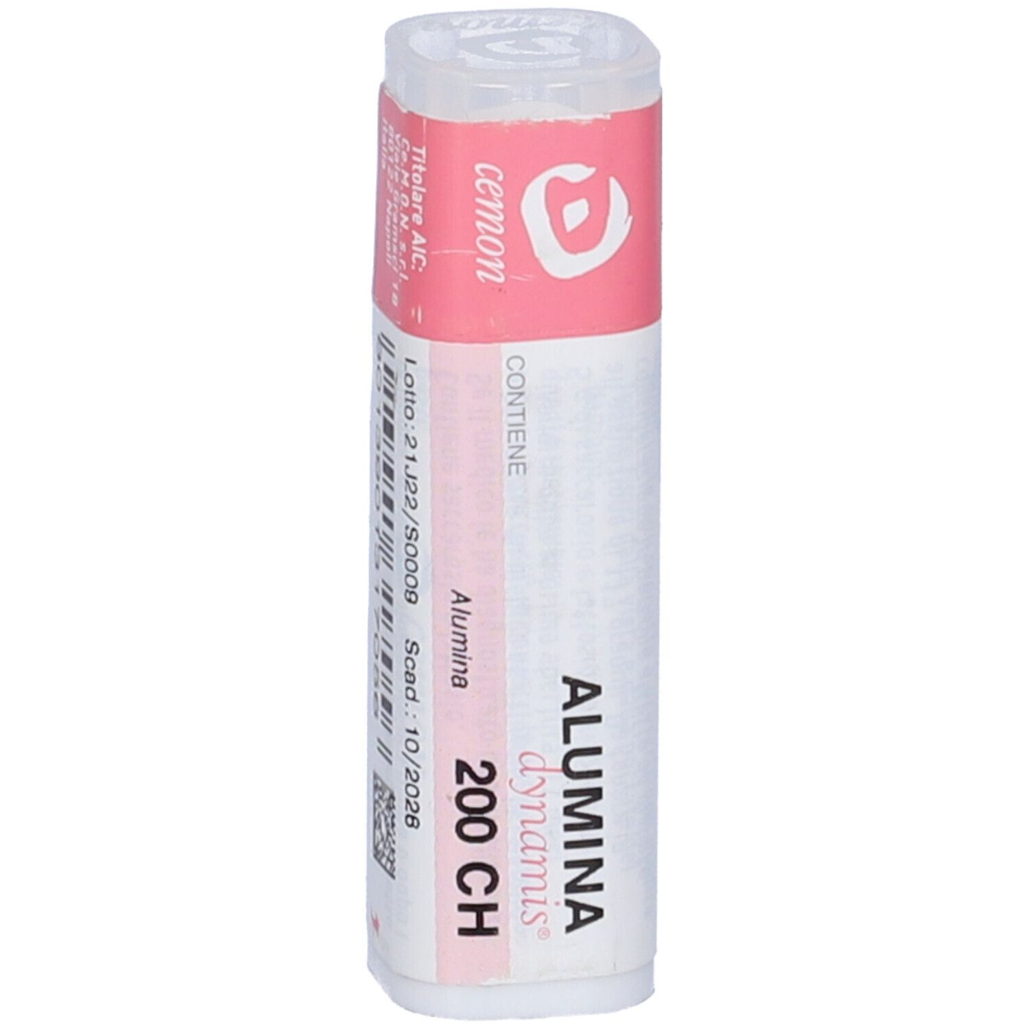 Confezione cilindrica con etichette rosa e bianche. Scritta: Alumina dynamis 200 CH. Produttore: cemon.