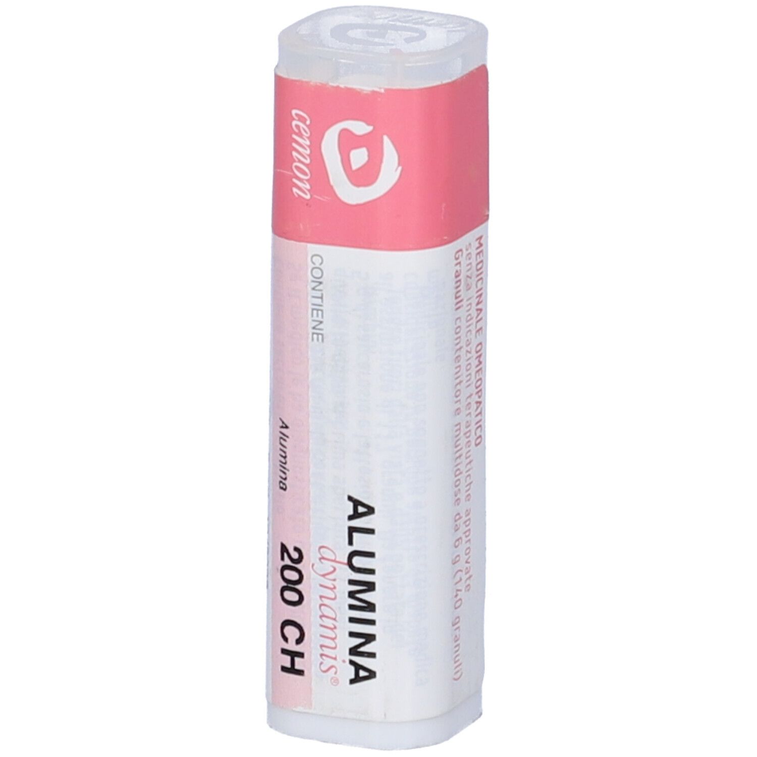 Confezione cilindrica con etichette rosa e bianche. Scritta: Alumina dynamis 200 CH. Produttore: cemon.