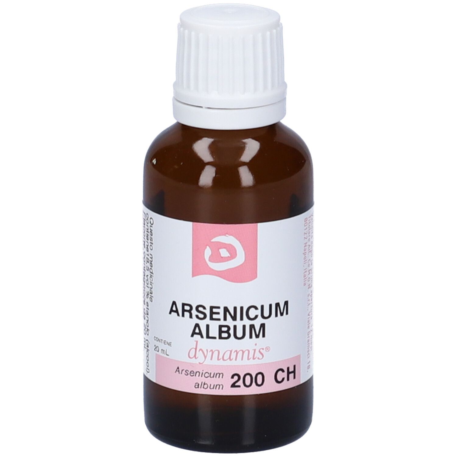 Flacone in vetro marrone con tappo bianco. Scritta: Arsenicum Album, dynamis, 200 CH.