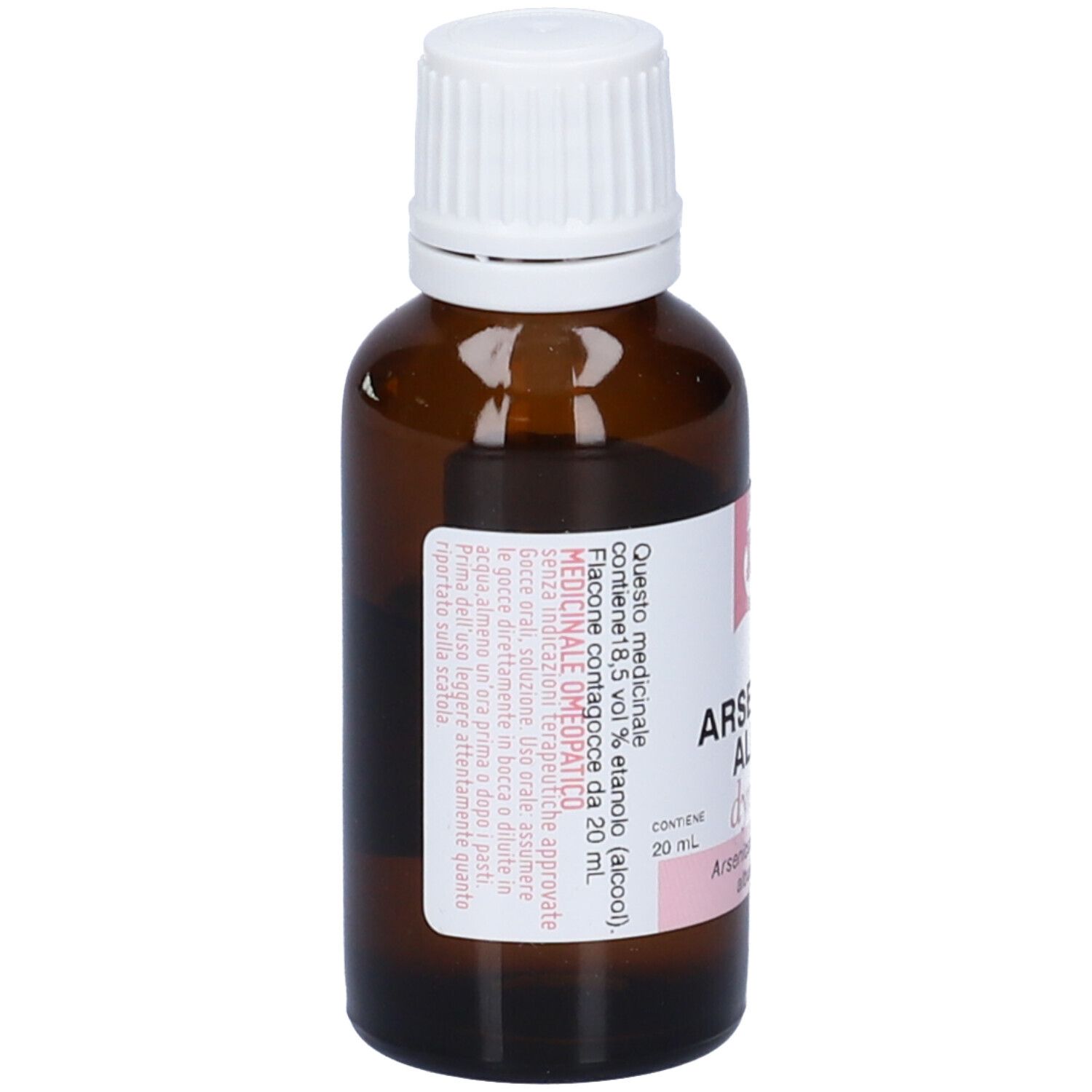 Flacone in vetro marrone con tappo bianco. Scritta: Arsenicum Album, dynamis, 200 CH.