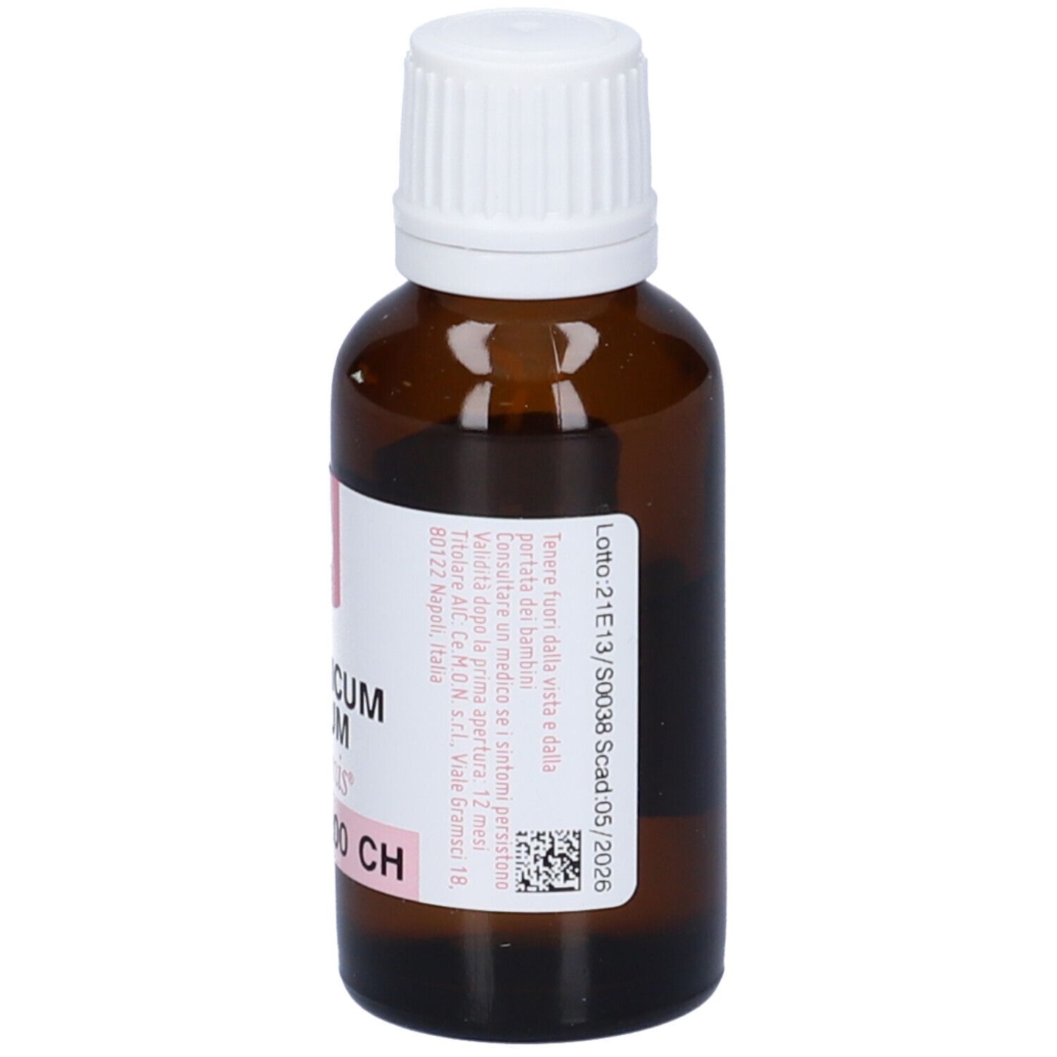 Flacone in vetro marrone con tappo bianco. Scritta: Arsenicum Album, dynamis, 200 CH.