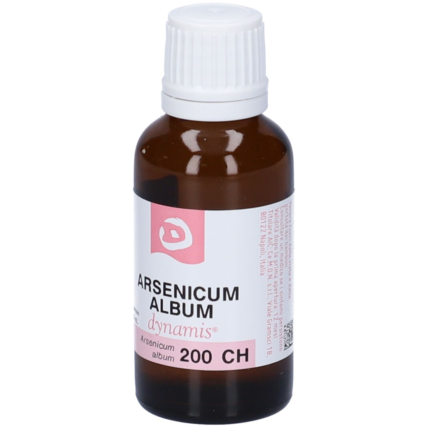 Flacone in vetro marrone con tappo bianco. Scritta: Arsenicum Album, dynamis, 200 CH.