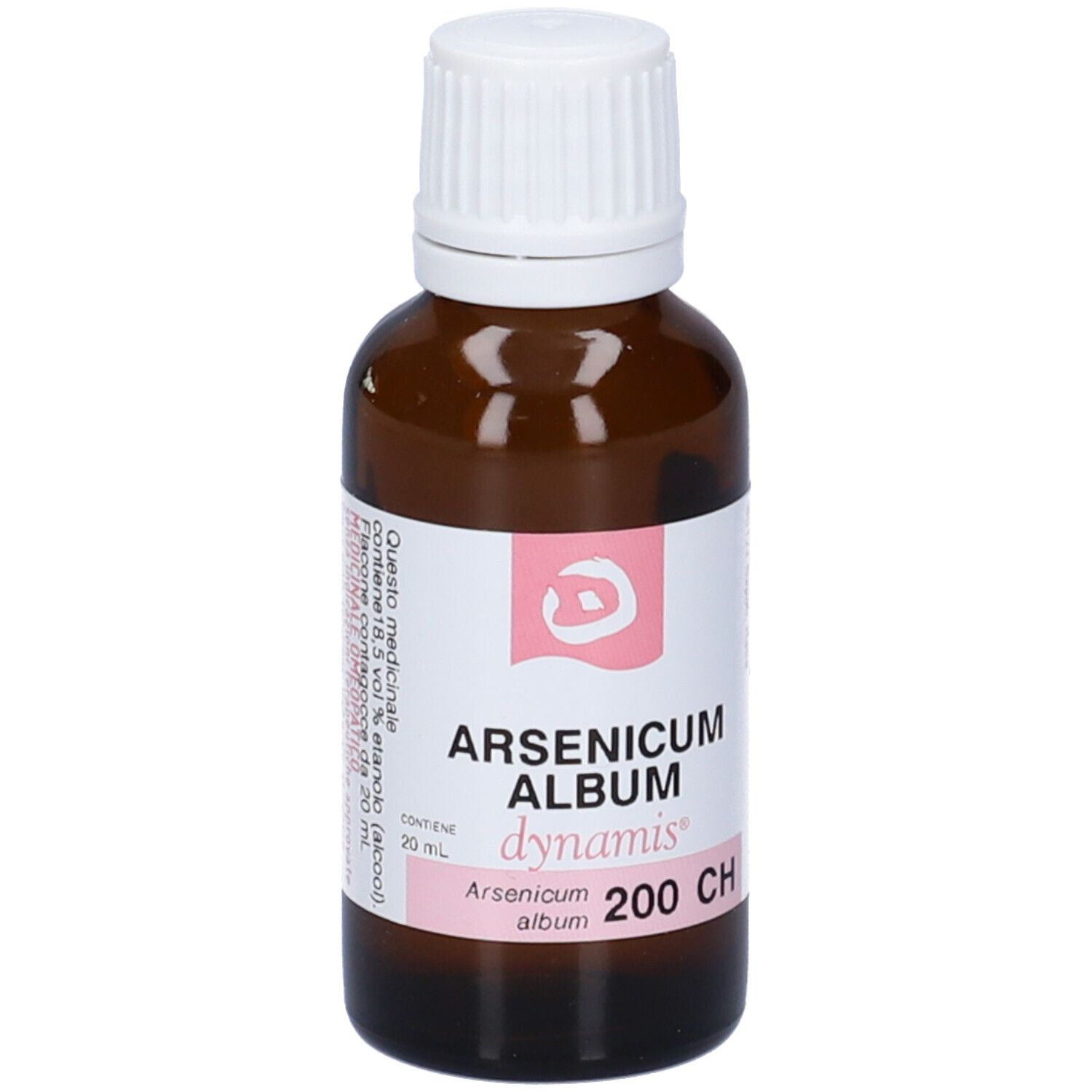 Flacone in vetro marrone con tappo bianco. Scritta: Arsenicum Album, dynamis, 200 CH.