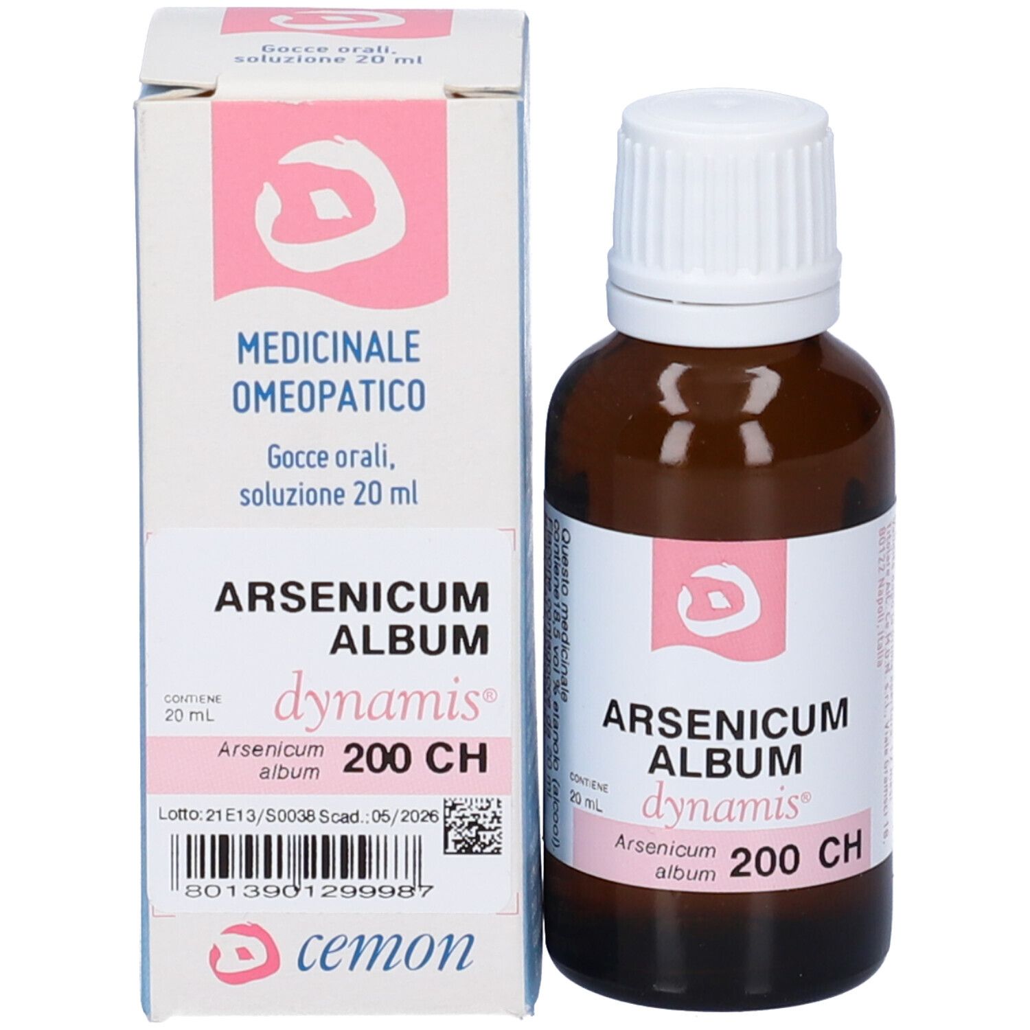 Flacone in vetro marrone e scatola. Scritta: Arsenicum Album, dynamis, 200 CH, cemon.