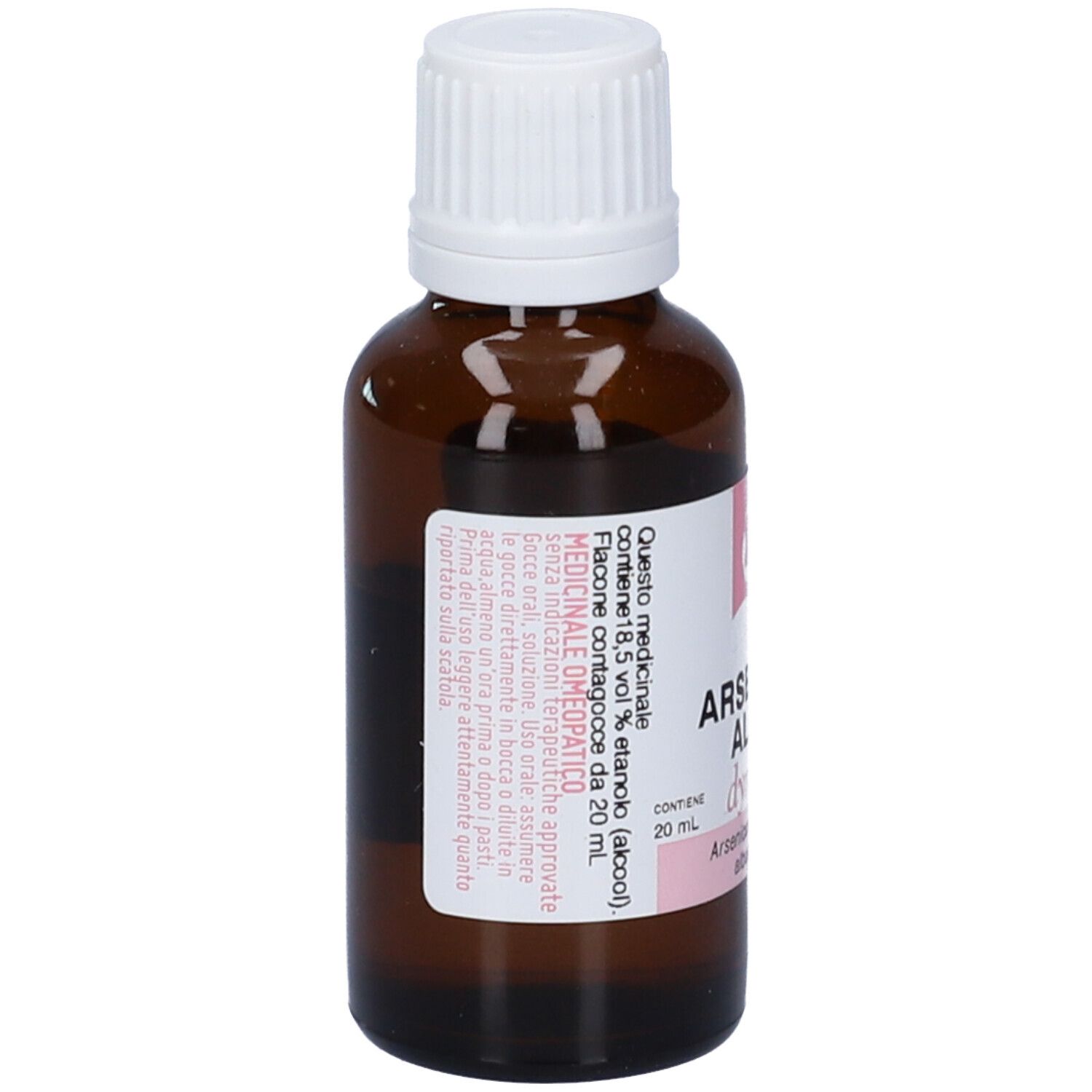 Flacone di vetro marrone con tappo bianco. Etichetta con informazioni sul prodotto e nome Arsenicum Album.