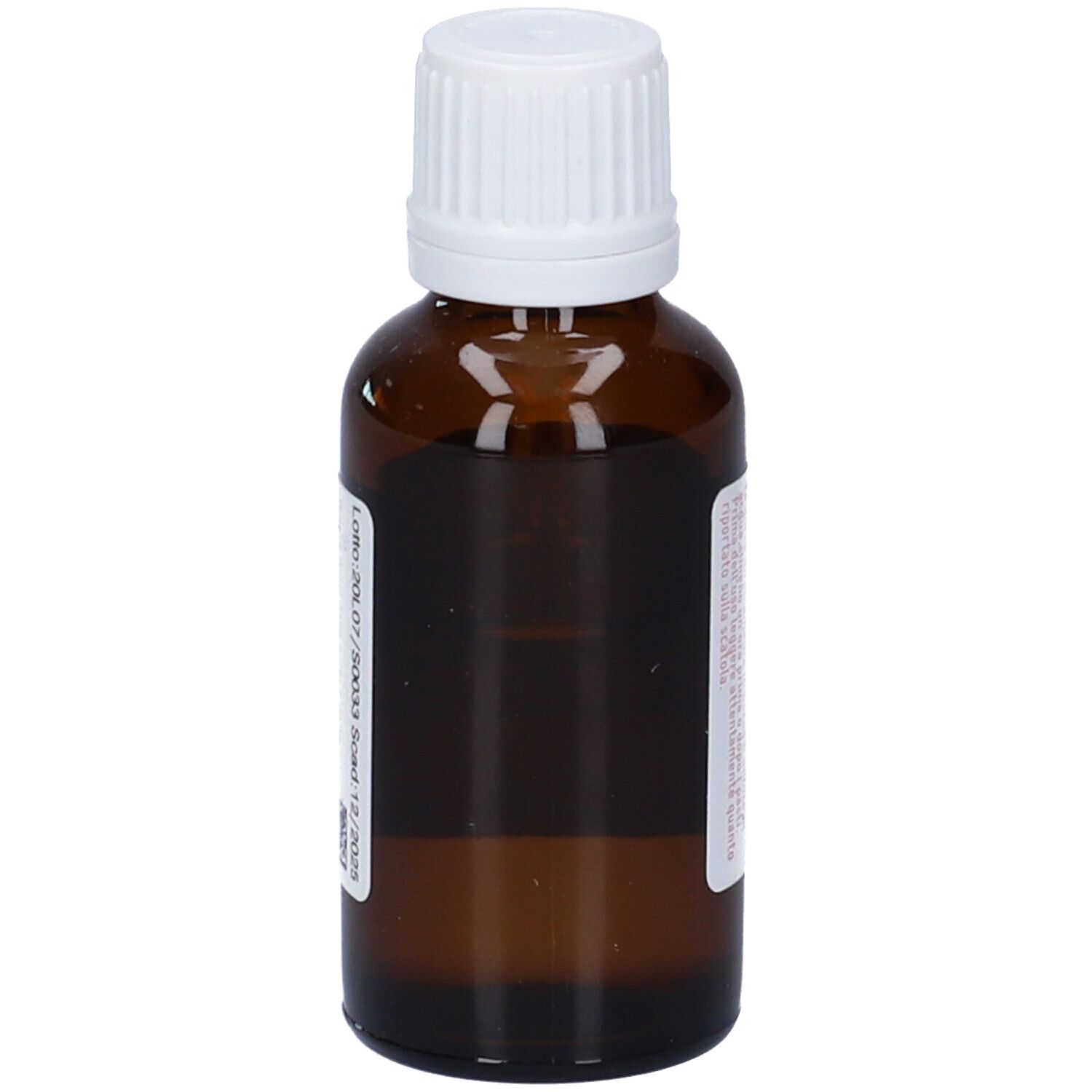 Flacone di vetro marrone con tappo bianco. Etichetta con informazioni sul prodotto, senza nome del prodotto.