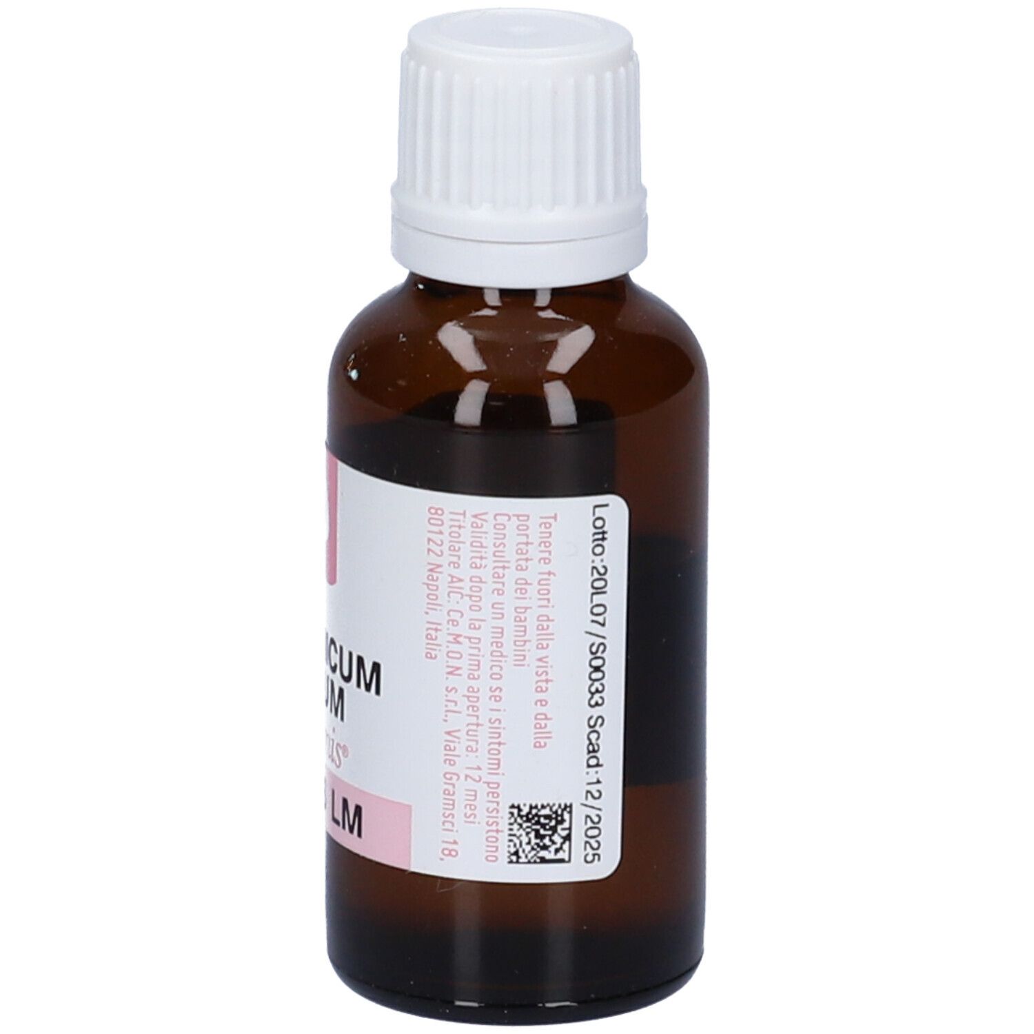 Flacone di vetro marrone con tappo bianco. Etichetta con informazioni sul prodotto e nome Arsenicum Album.