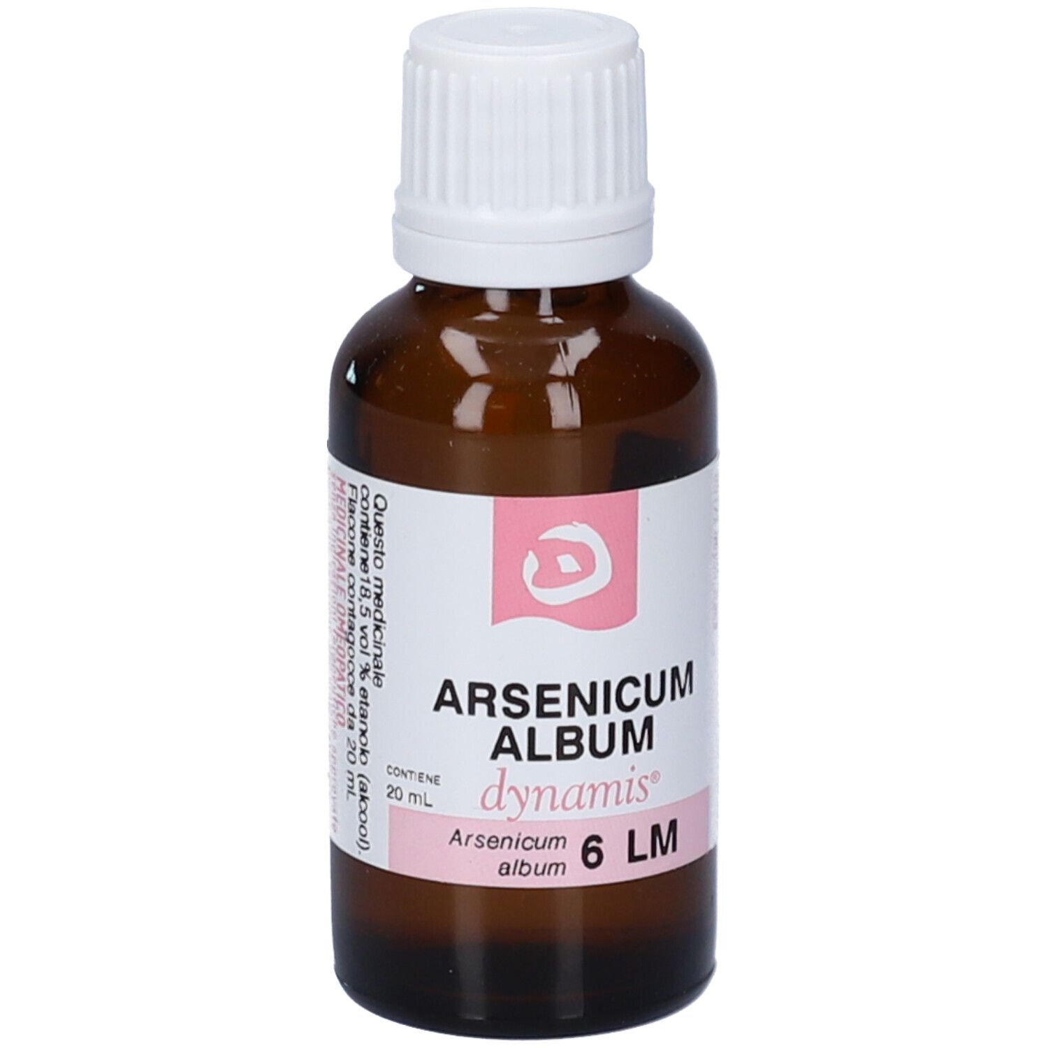 Flacone di vetro marrone con tappo bianco. Etichetta con nome prodotto Arsenicum Album 6 LM e logo.