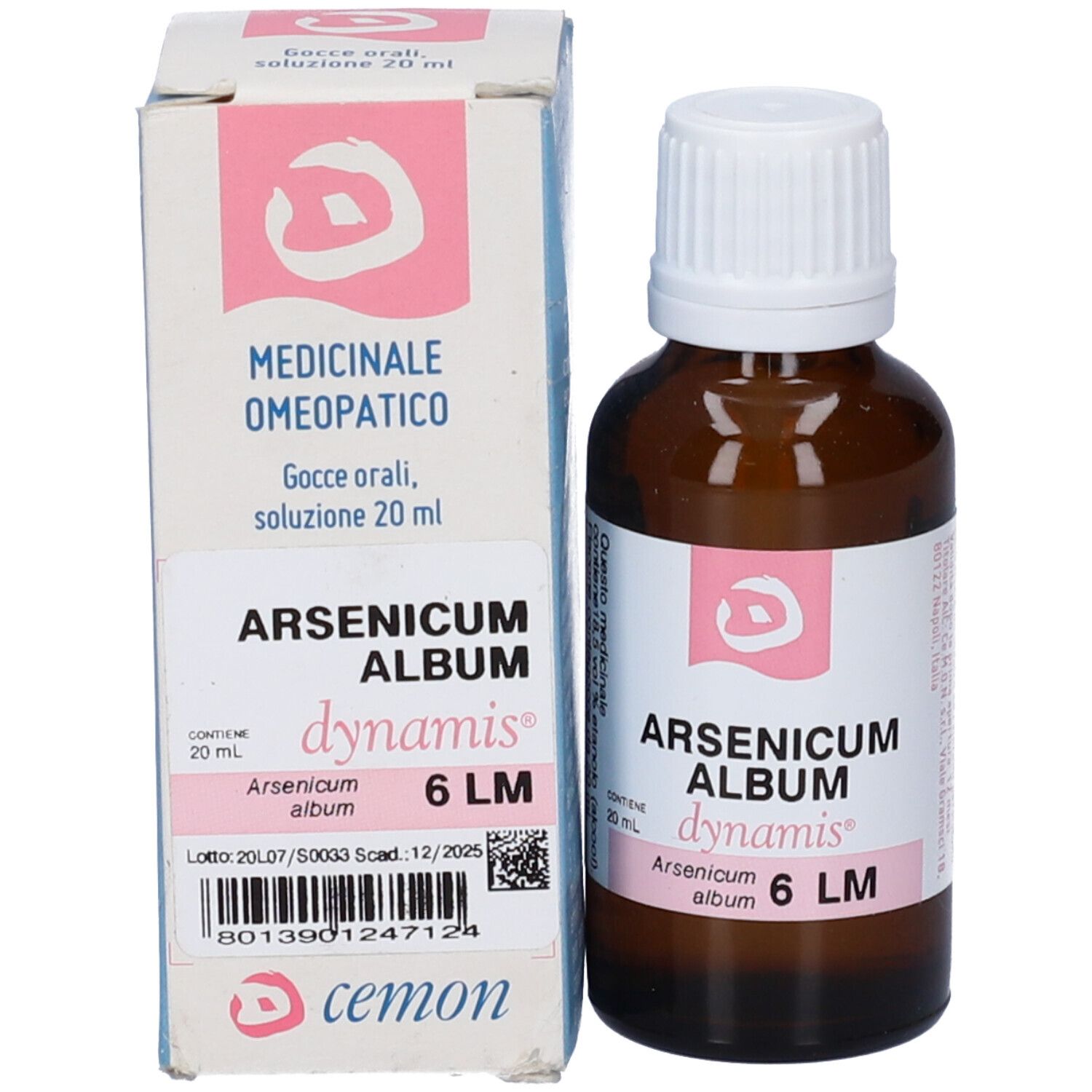 Flacone e scatola di cartone. Sulla scatola: Arsenicum Album 6 LM. Flacone con tappo bianco.