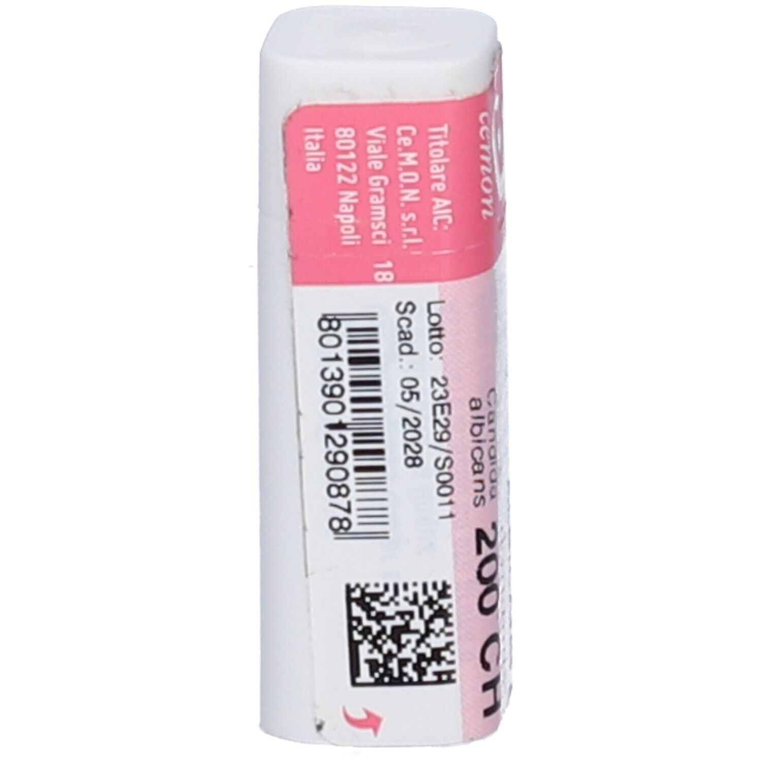 Confezione cilindrica, retro con codice a barre, numero di lotto e data di scadenza. Scritta: Candida Albicans 200 CH.