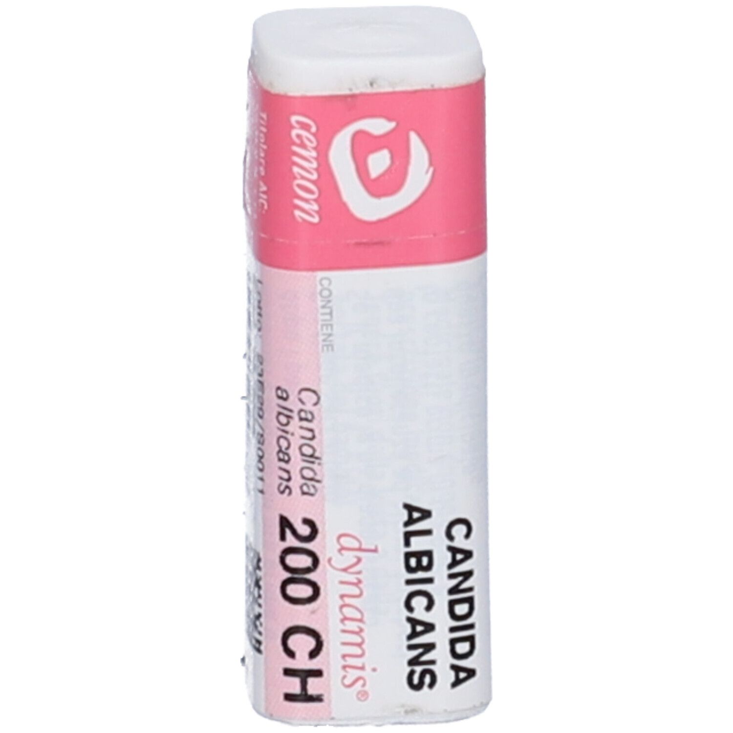 Confezione cilindrica con etichetta rosa e bianca. Scritta: Candida Albicans 200 CH, cemon, dynamis.