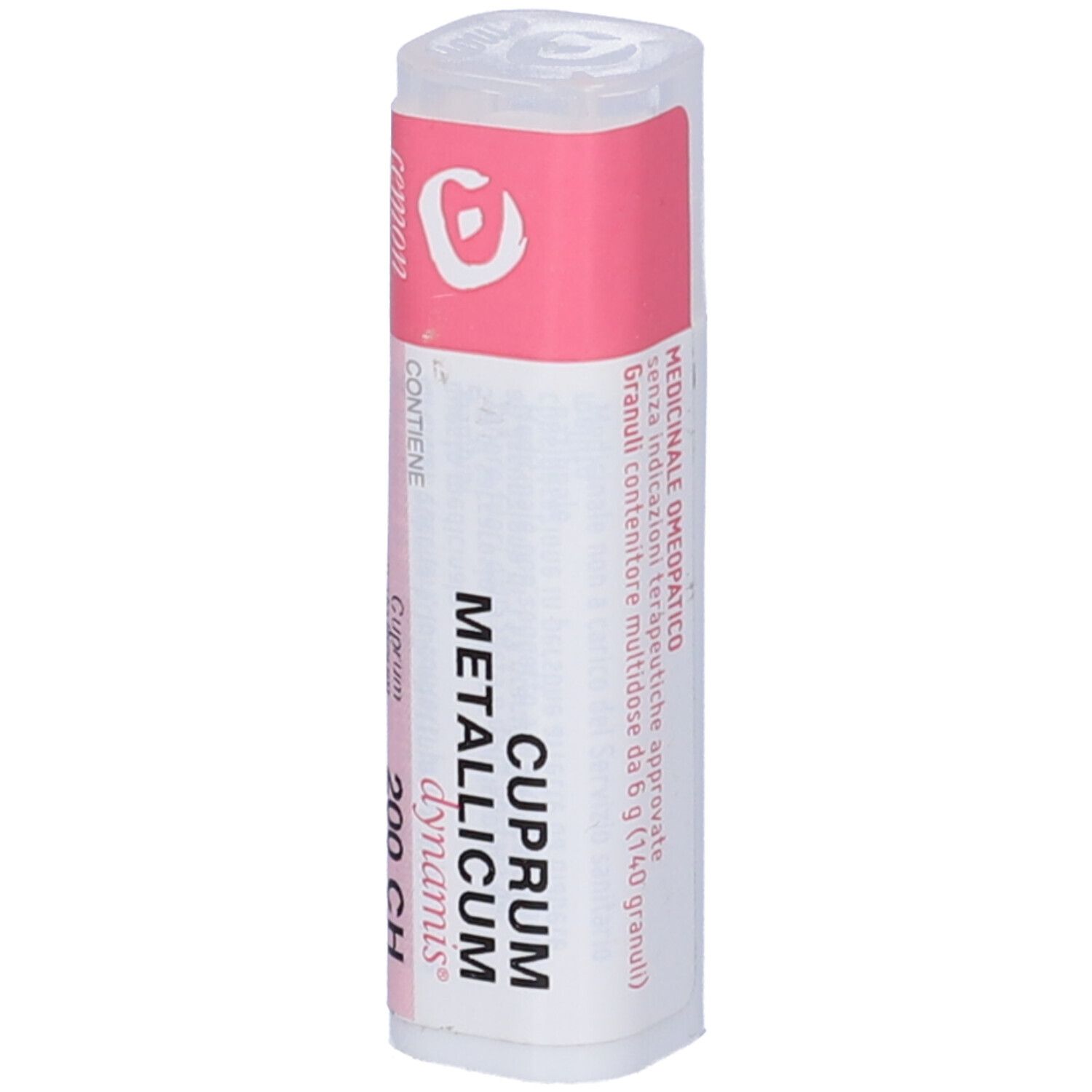 Confezione cilindrica con etichetta rosa e bianca. Scritta: CUPRUM METALLICUM dynamis 200 CH. Informazioni aggiuntive.