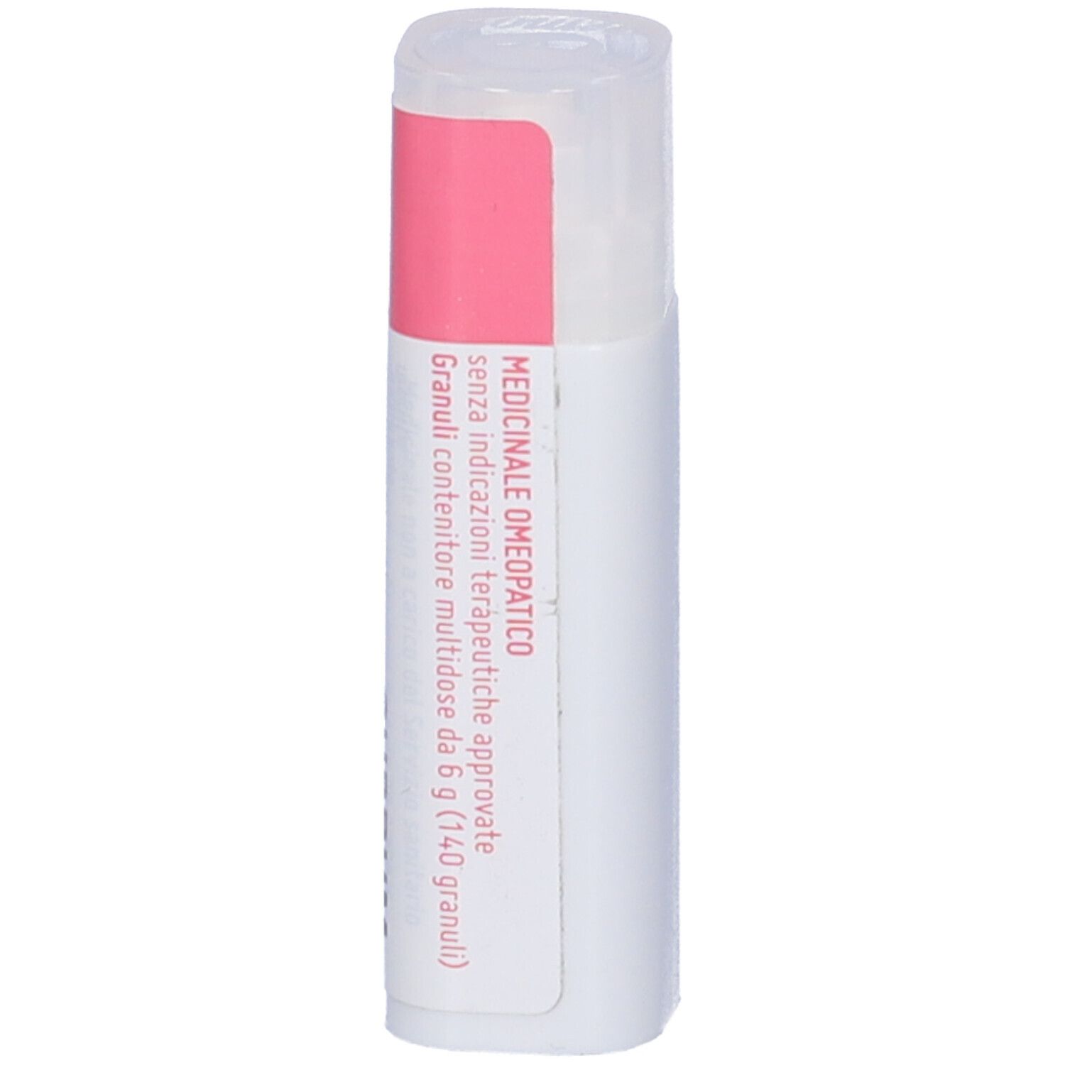 Confezione cilindrica bianca con coperchio trasparente. Etichetta rosa con testo.