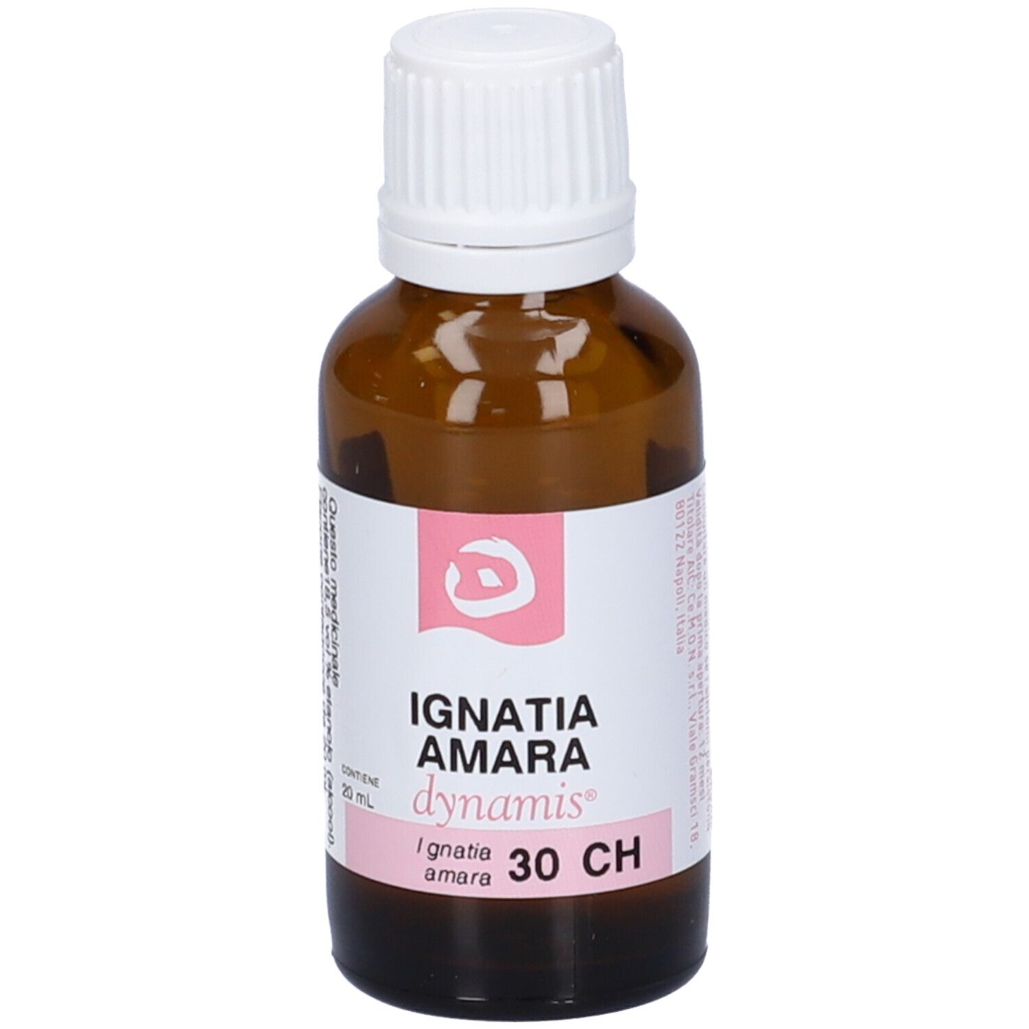 Flacone in vetro marrone con tappo bianco. Etichetta rosa: IGNATIA AMARA 30 CH.