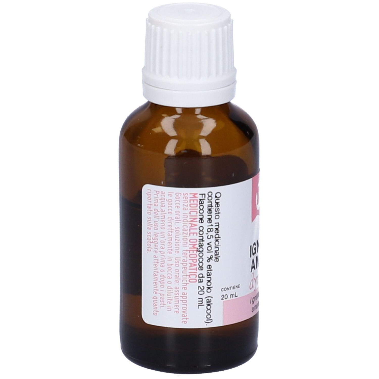 Flacone in vetro marrone con tappo bianco. Etichetta rosa con testo.