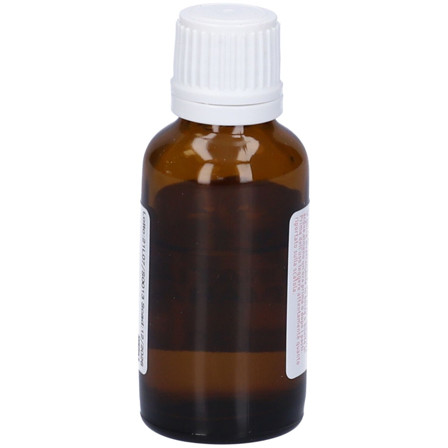 Flacone in vetro marrone con tappo bianco. Etichetta rosa con testo.