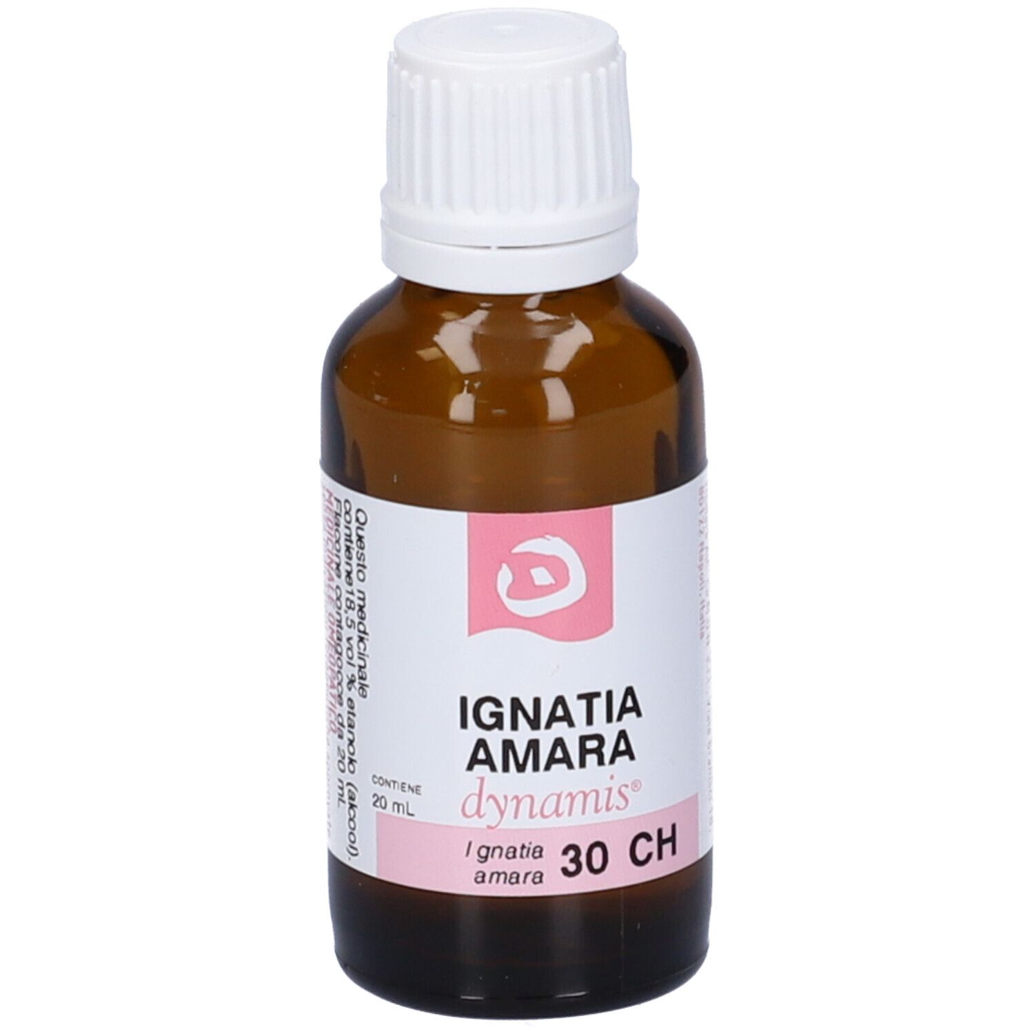 Flacone in vetro marrone con tappo bianco. Etichetta rosa: IGNATIA AMARA 30 CH.