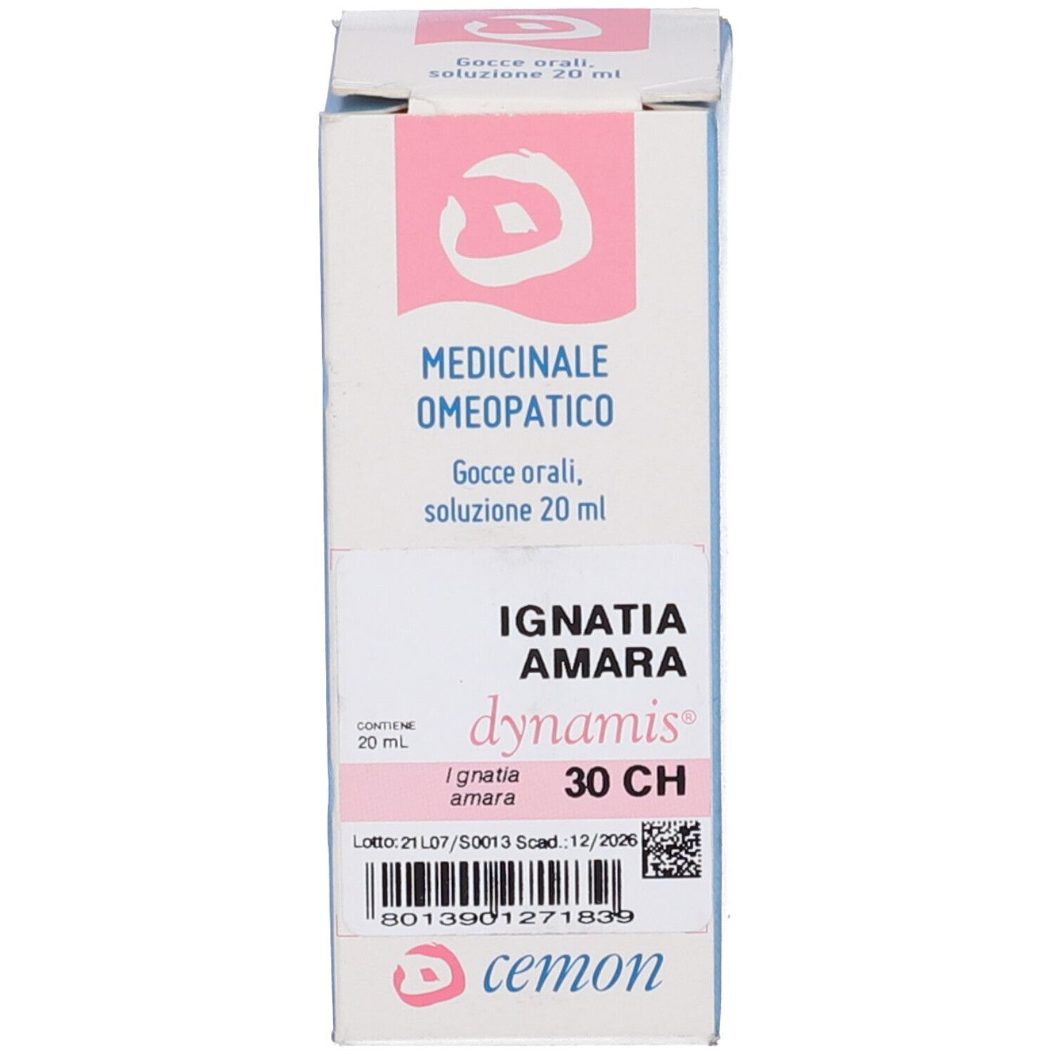 Scatola con etichetta rosa. Scritta: IGNATIA AMARA 30 CH.