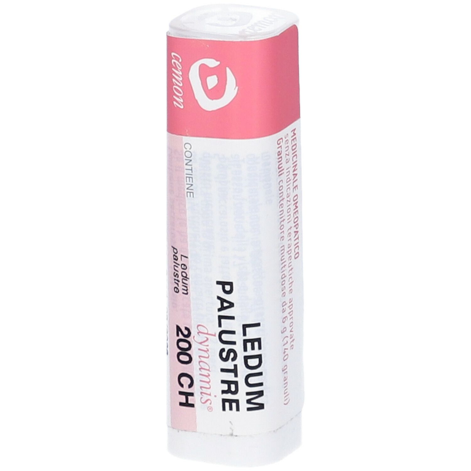 Confezione cilindrica con etichetta rosa. Visibili "Ledum Palustre 200 CH" e "dynamis".