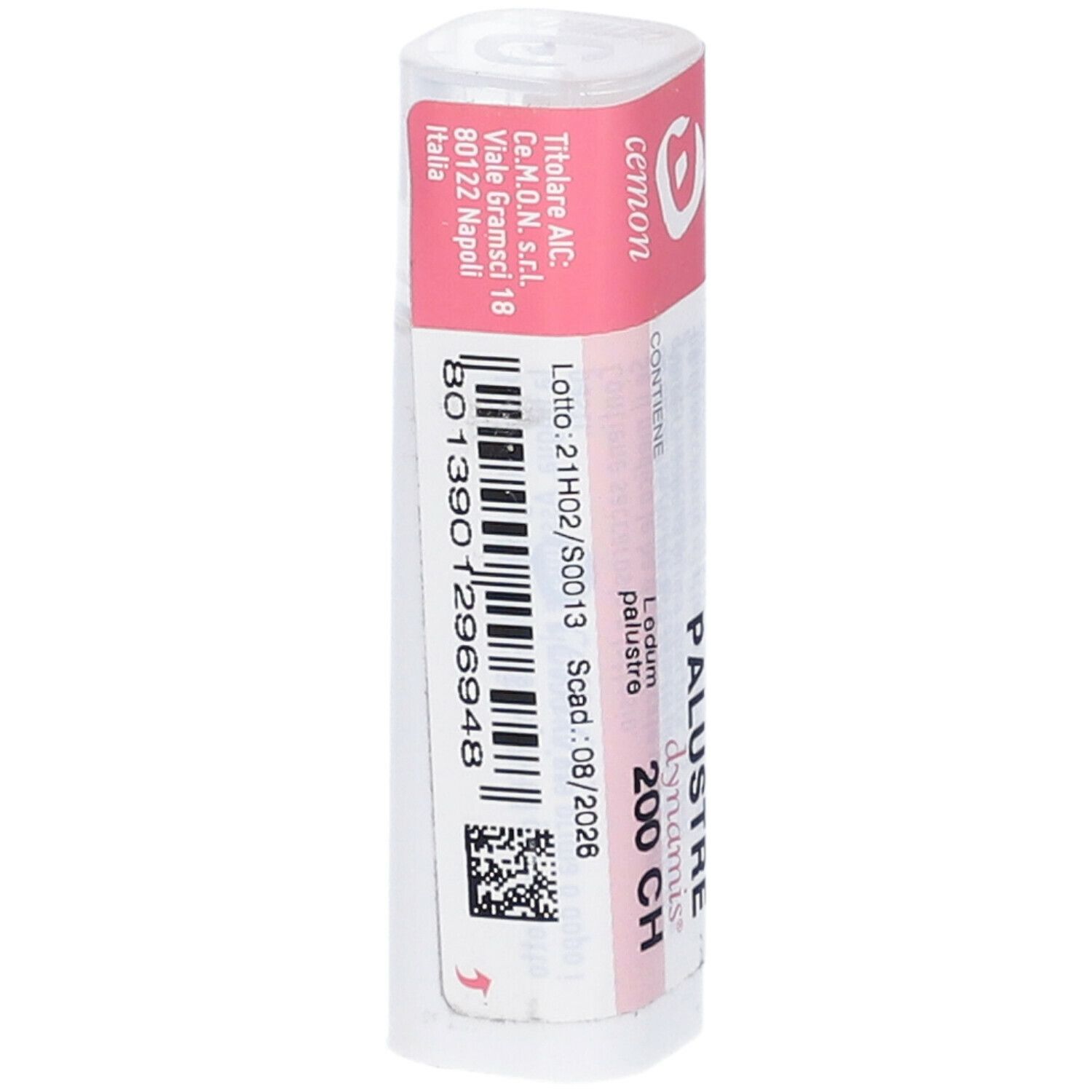 Confezione cilindrica con etichetta rosa. Visibili codice a barre, numero di lotto e data di scadenza.