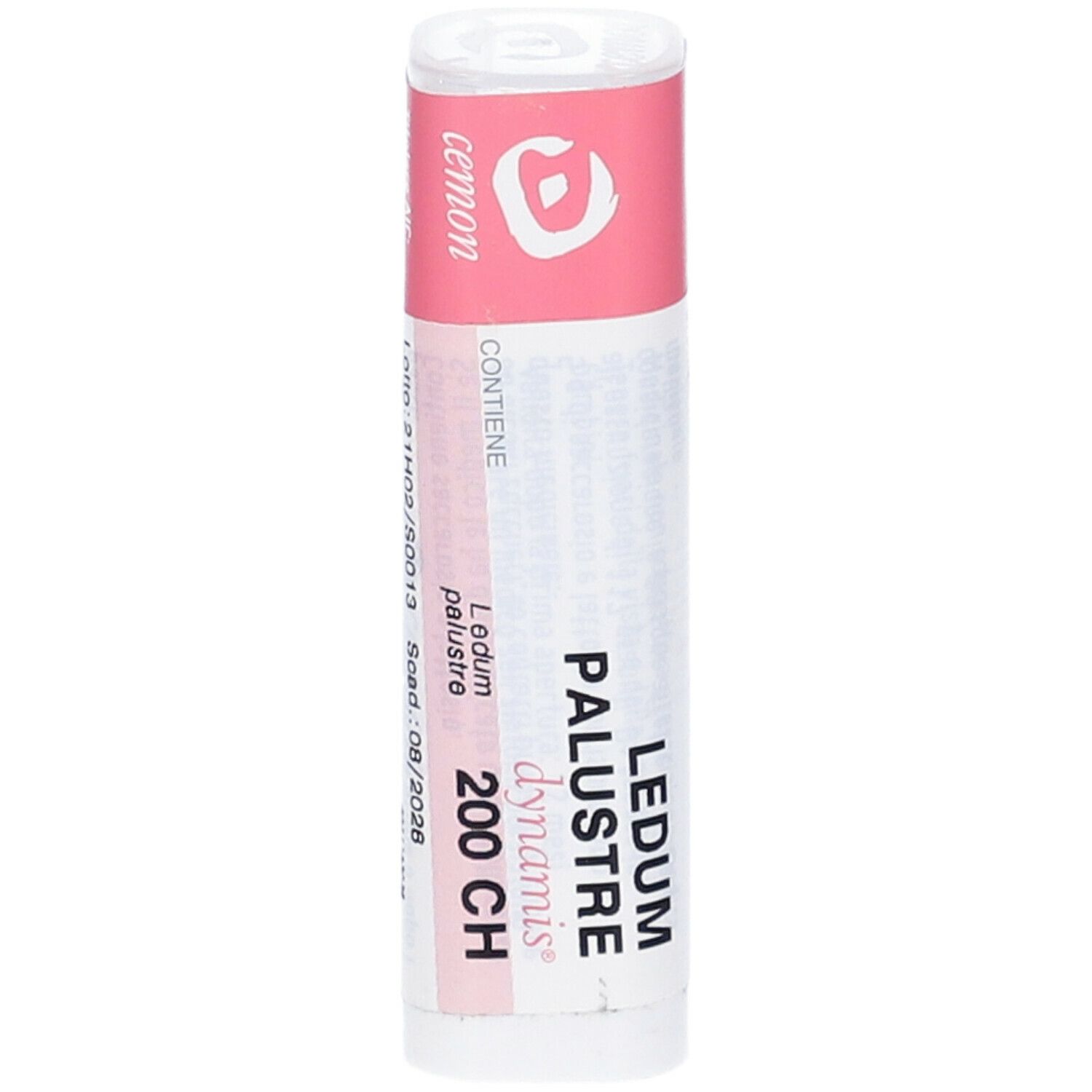 Confezione cilindrica con etichetta rosa. Visibili "Ledum Palustre 200 CH" e "dynamis".