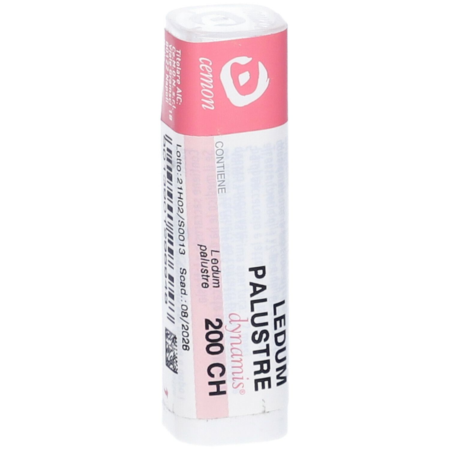 Confezione cilindrica con etichetta rosa. Visibili codice a barre, numero di lotto e data di scadenza.
