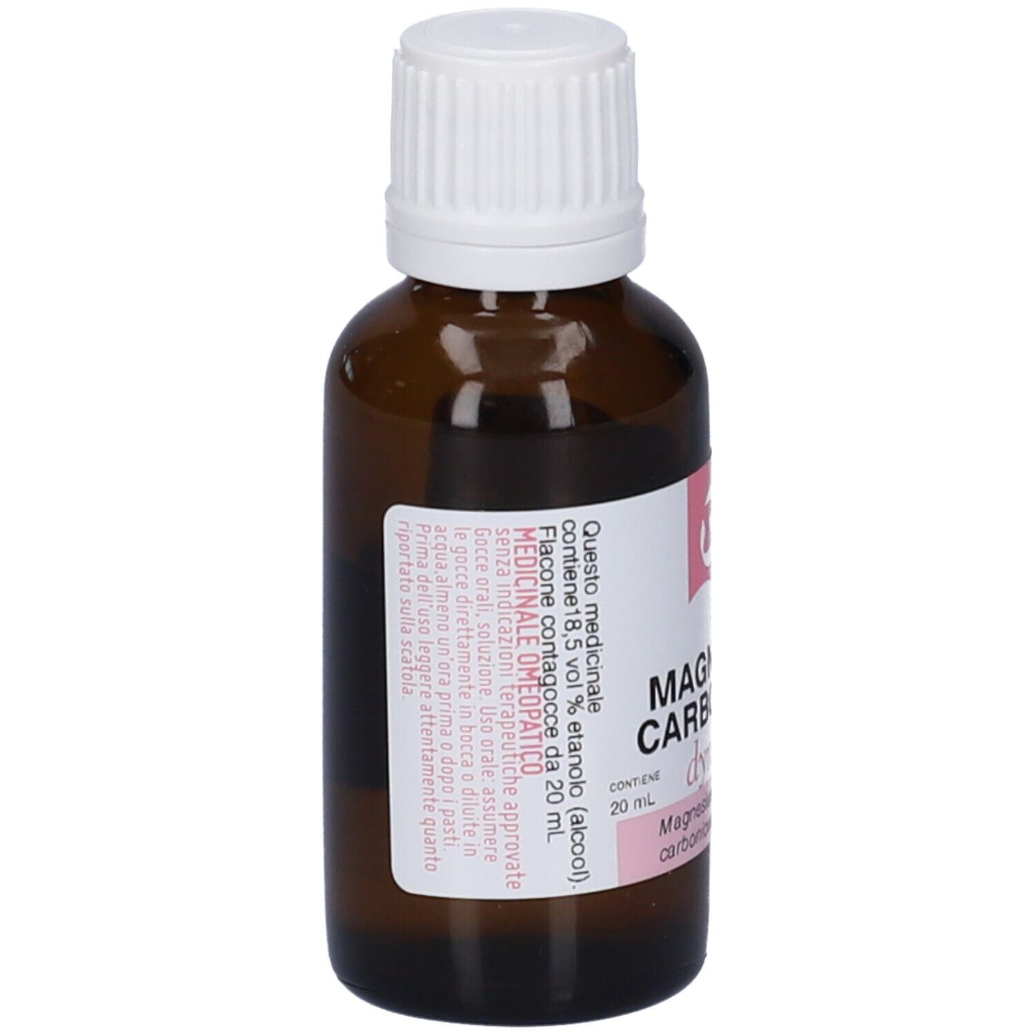 Flacone di vetro marrone con tappo bianco. Etichetta con testo. Contenuto: 20 ml. Vista posteriore.