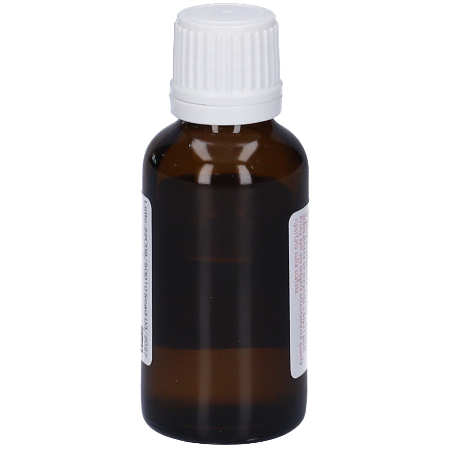 Flacone di vetro marrone con tappo bianco. Vista laterale. Nessun dettaglio visibile.