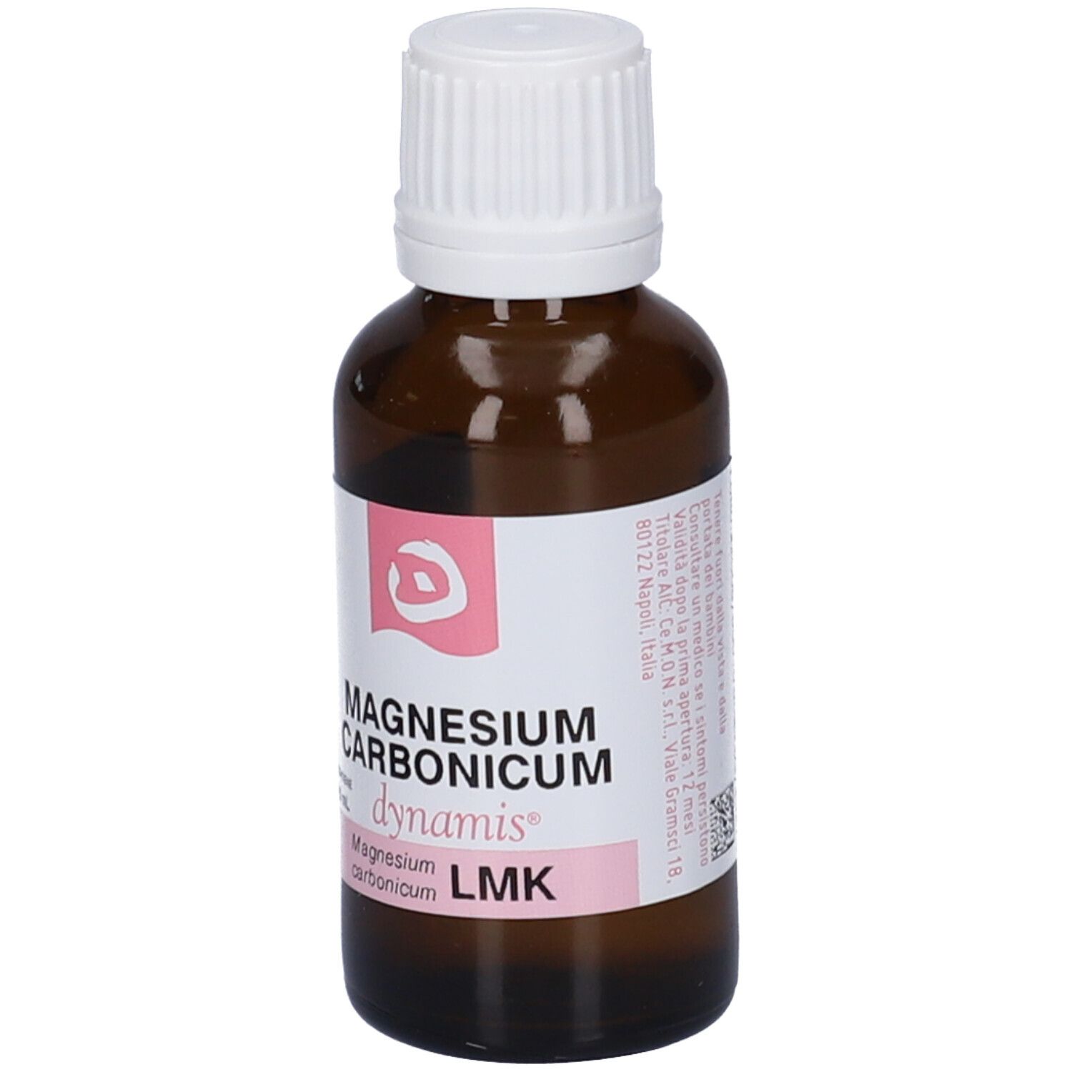 Flacone di vetro marrone con tappo bianco. Etichetta con nome del prodotto e logo. Contenuto: 20 ml.