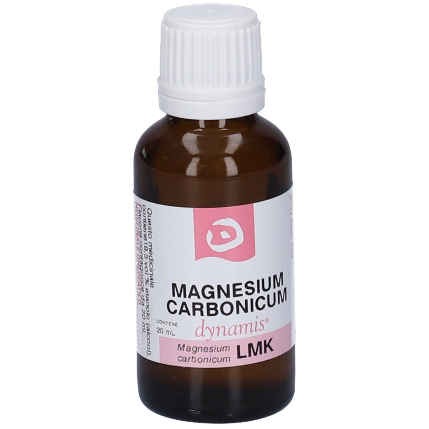 Flacone di vetro marrone con tappo bianco. Etichetta con nome del prodotto e logo. Contenuto: 20 ml.