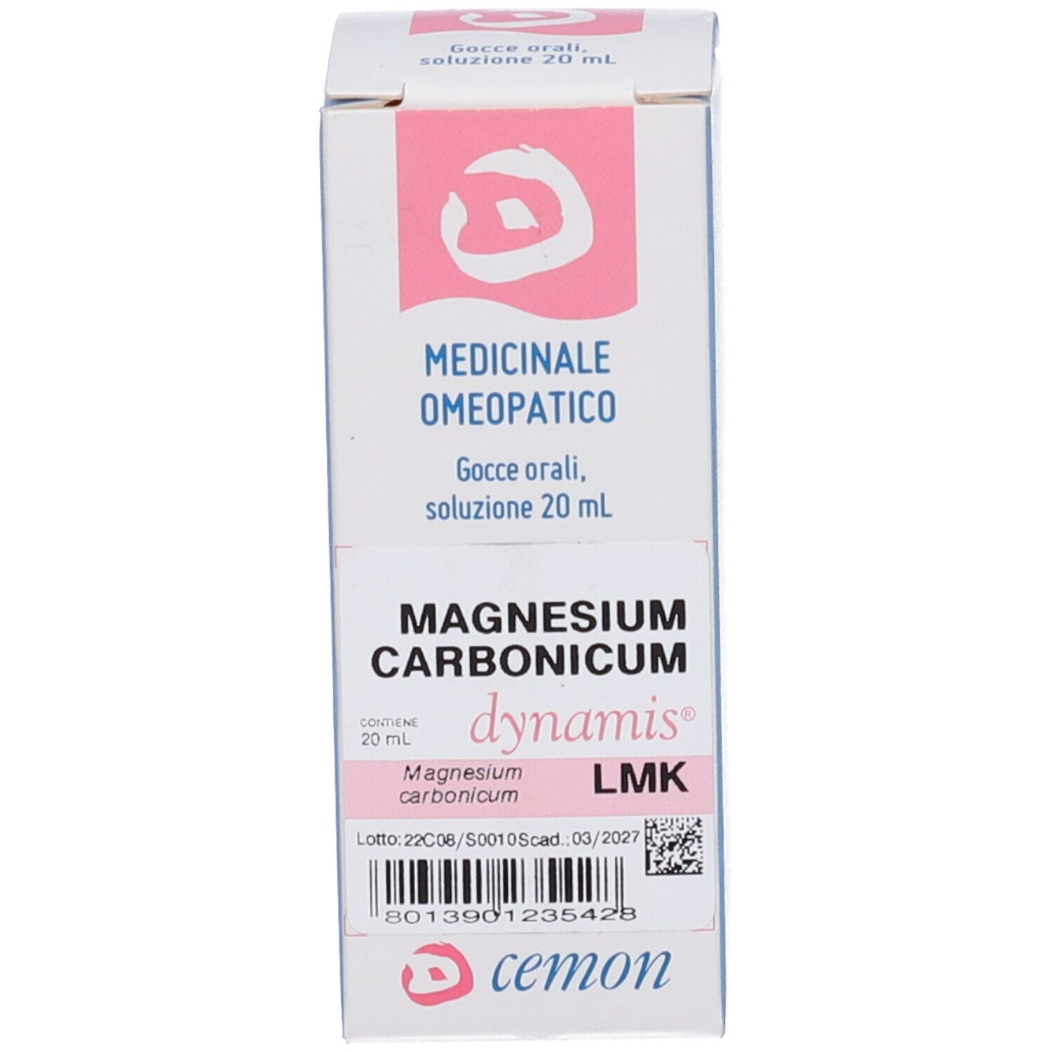 Confezione bianca con nome del prodotto e logo. Contenuto: 20 ml. Testo sulla confezione.