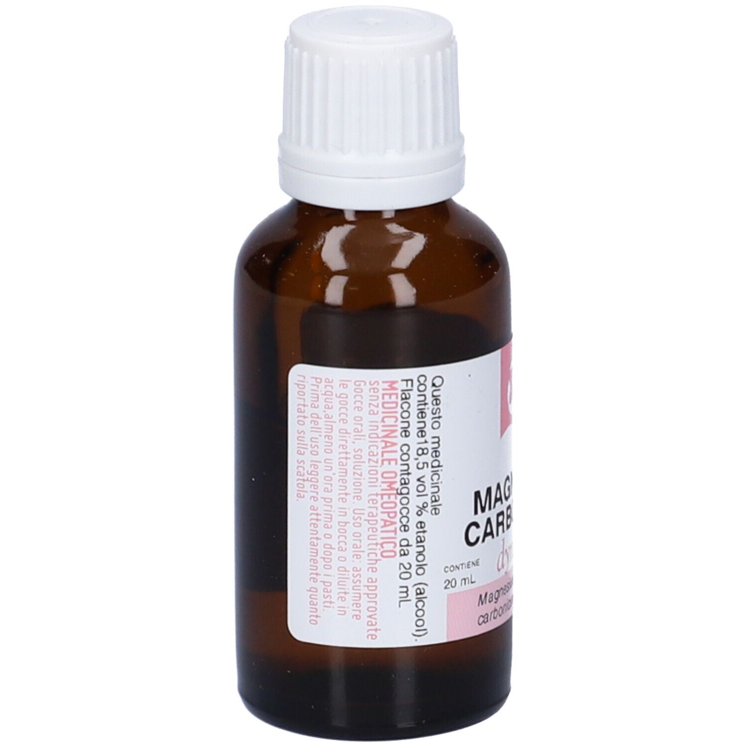 Flacone di vetro marrone con tappo a vite bianco. Etichetta con informazioni sul prodotto e accenti rosa. Marca: dynamis.
