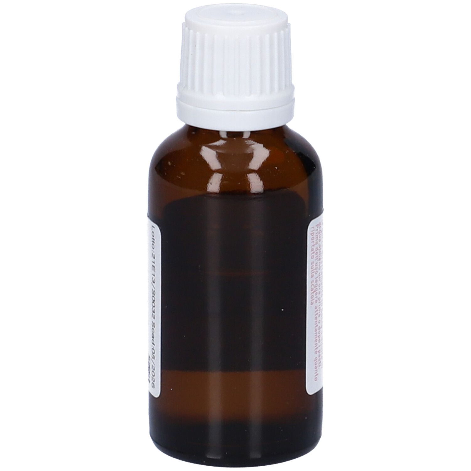 Flacone di vetro marrone con tappo a vite bianco. Etichetta con informazioni sul prodotto. Marca: dynamis.