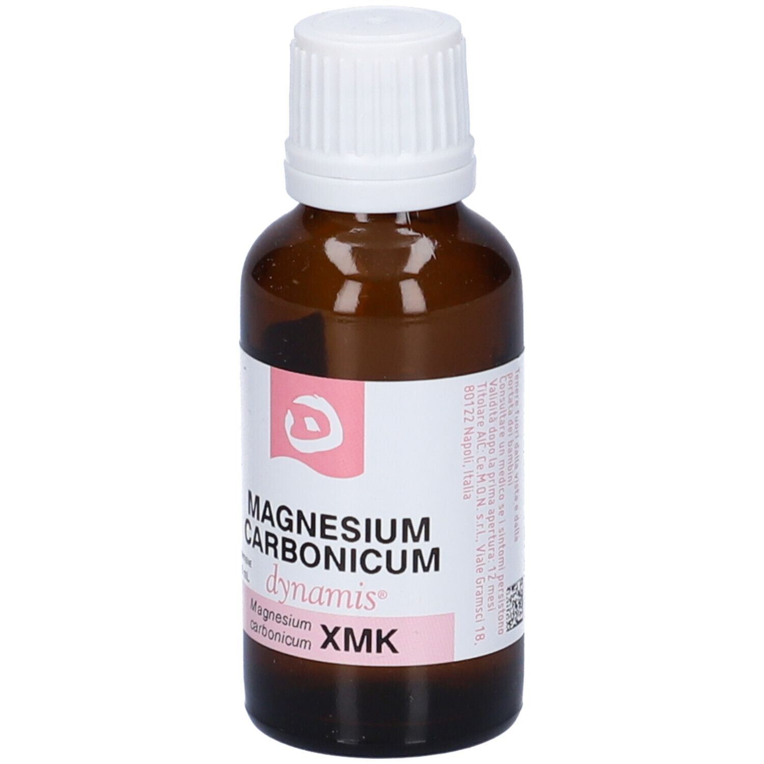 Flacone di vetro marrone con tappo a vite bianco. Etichetta con informazioni sul prodotto e accenti rosa. Marca: dynamis.