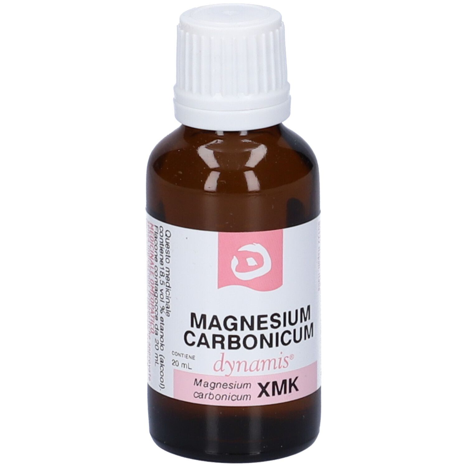 Flacone di vetro marrone con tappo a vite bianco. Etichetta con informazioni sul prodotto e accenti rosa. Marca: dynamis.