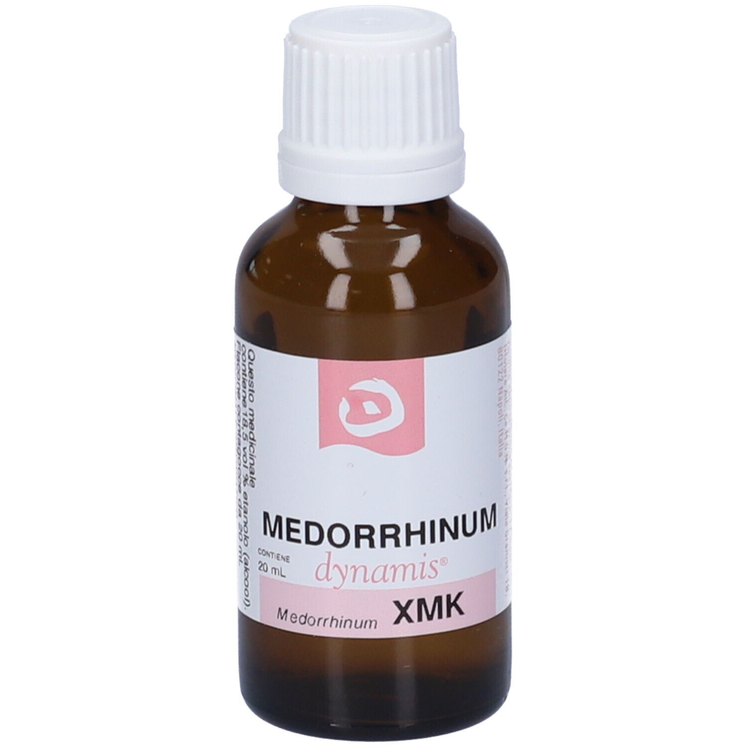 Flacone in vetro marrone con tappo bianco. Etichetta: Medorrhinum, dynamis, XMK.