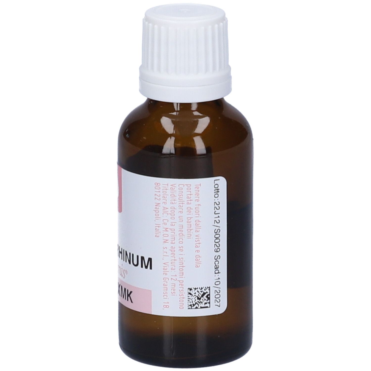 Flacone in vetro marrone con tappo bianco. Etichetta: Medorrhinum, dynamis, XMK.