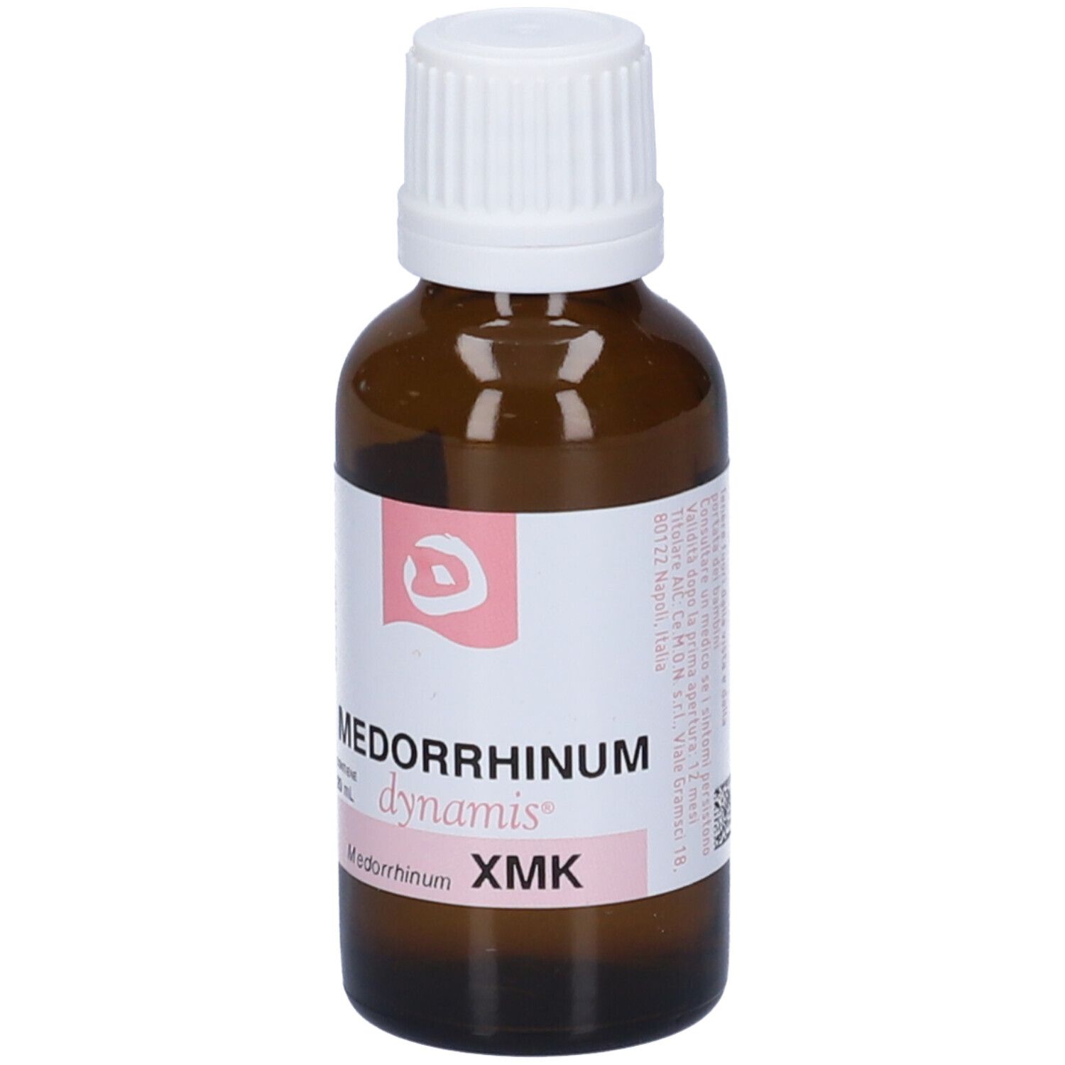 Flacone in vetro marrone con tappo bianco. Etichetta: Medorrhinum, dynamis, XMK.