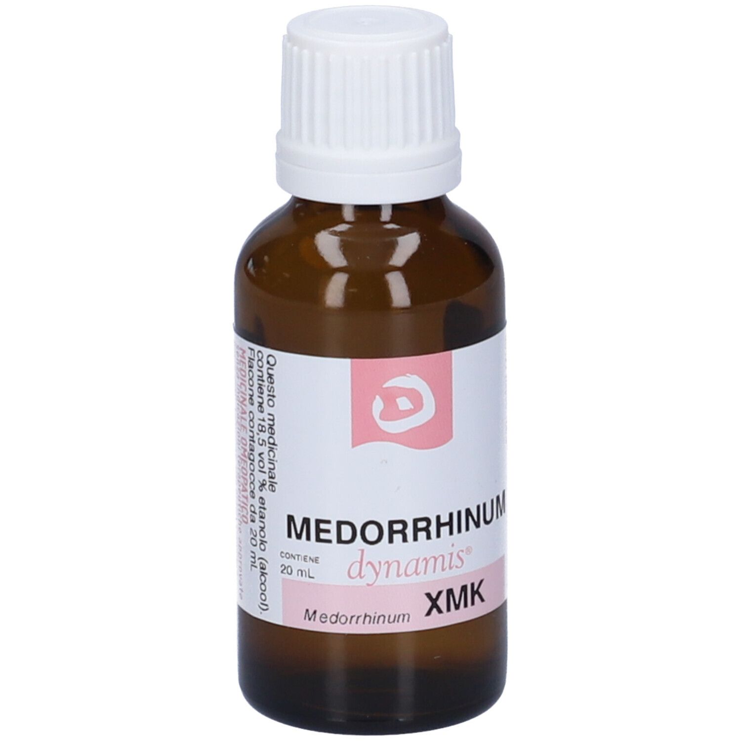 Flacone in vetro marrone con tappo bianco. Etichetta: Medorrhinum, dynamis, XMK.