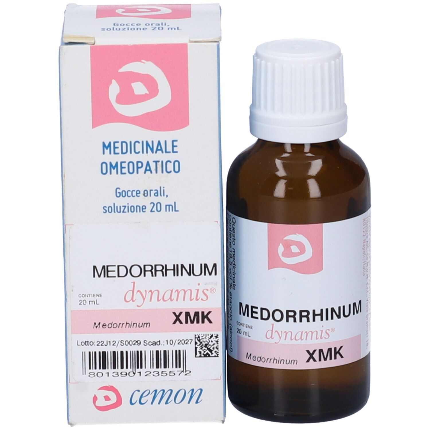 Flacone in vetro marrone e scatola. Scritte: Medorrhinum, dynamis, XMK.  Inoltre: Gocce medicinali.