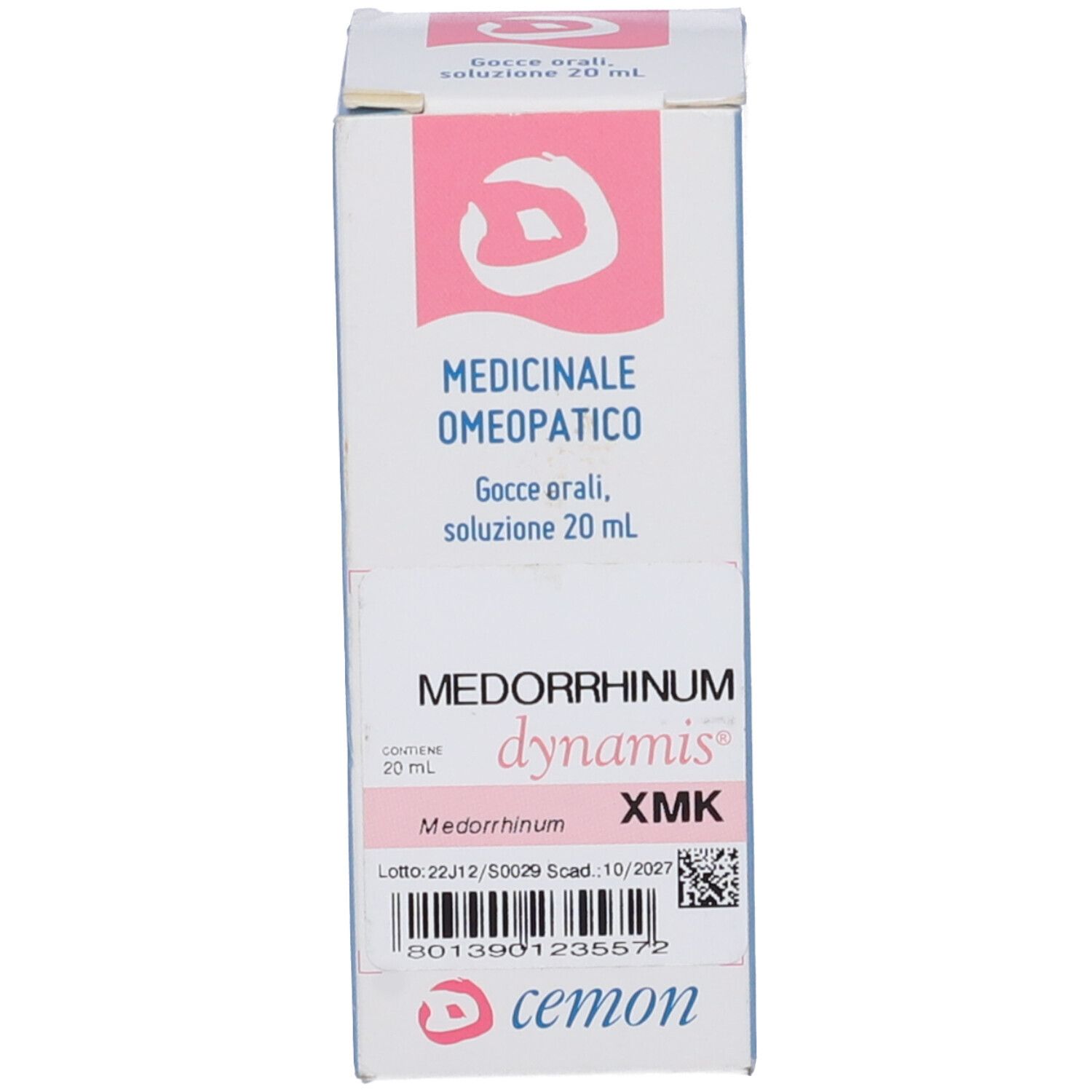 Scatola con scritte: Medorrhinum, dynamis, XMK.  Inoltre: Gocce medicinali.