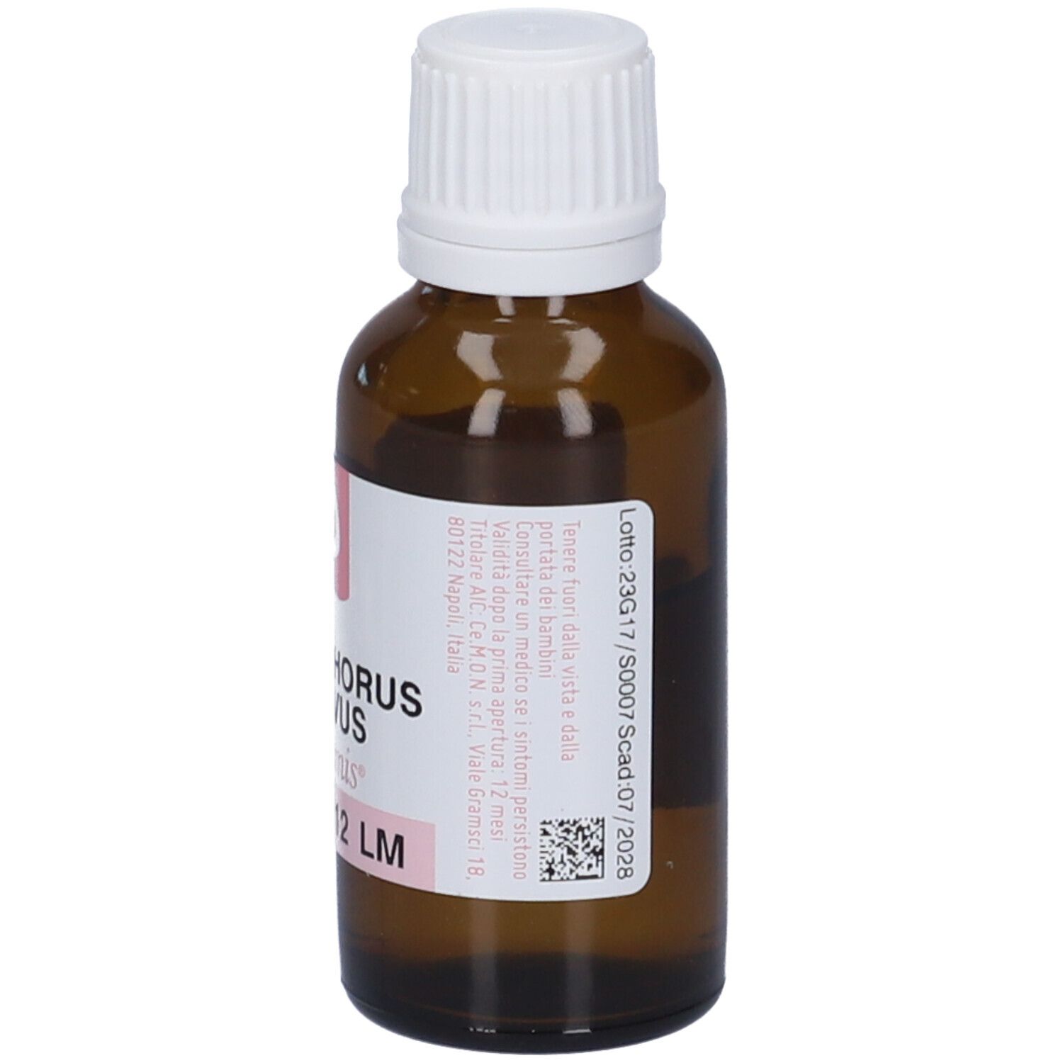 Flacone di vetro marrone con tappo bianco. Etichetta con informazioni sul prodotto. Marchio: dynamis.