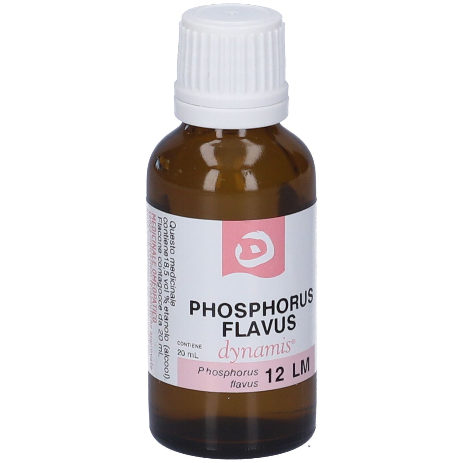Flacone di vetro marrone con tappo bianco. Etichetta con informazioni sul prodotto. Marchio: dynamis.