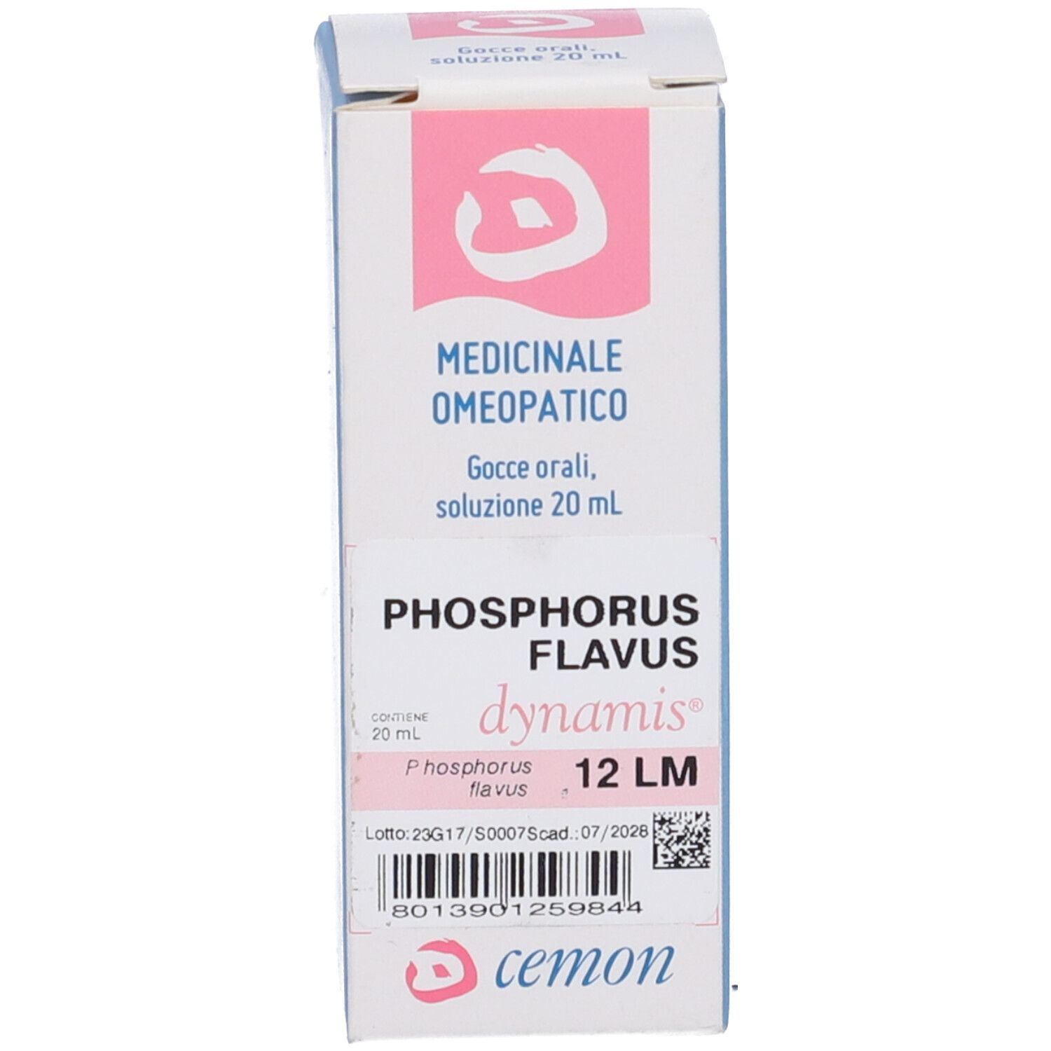 Scatola con informazioni sul prodotto. Nome del prodotto, marchio dynamis, 12 LM. Marchio: cemon.