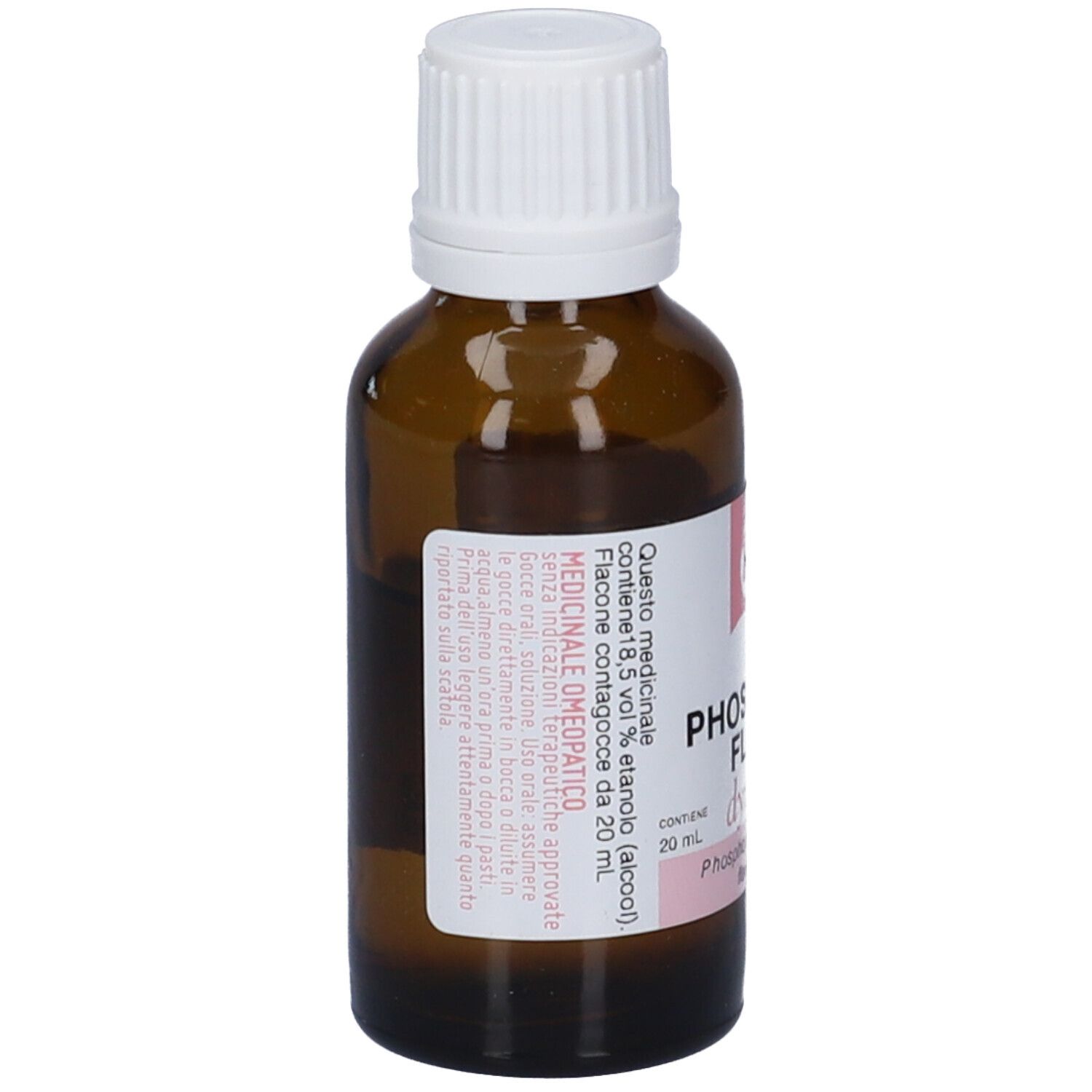 Flacone di vetro marrone con tappo bianco. Etichetta con informazioni e testo. Contiene 20 ml di liquido.