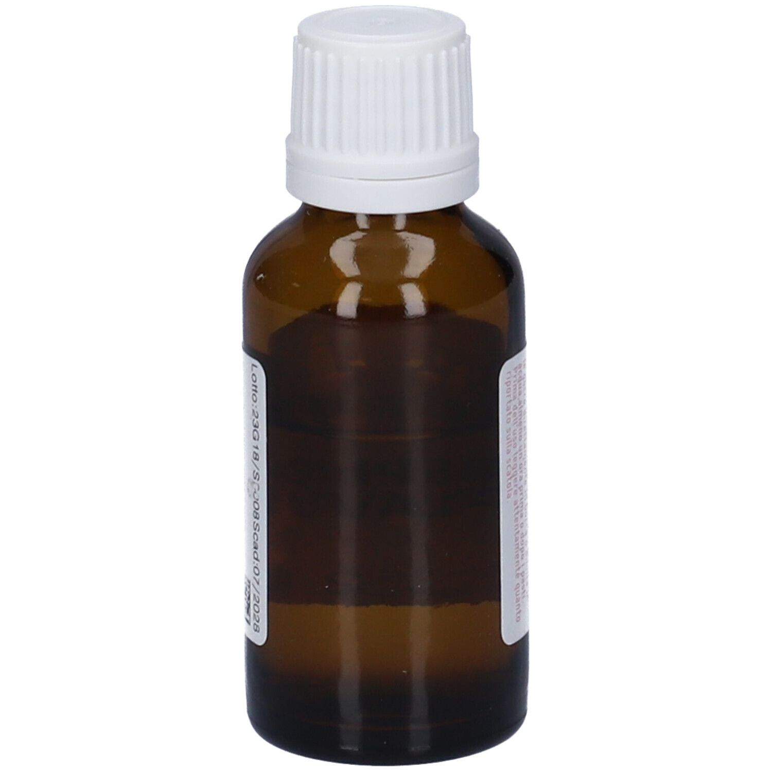 Flacone di vetro marrone con tappo bianco. Etichetta con informazioni e testo. Contiene 20 ml di liquido.